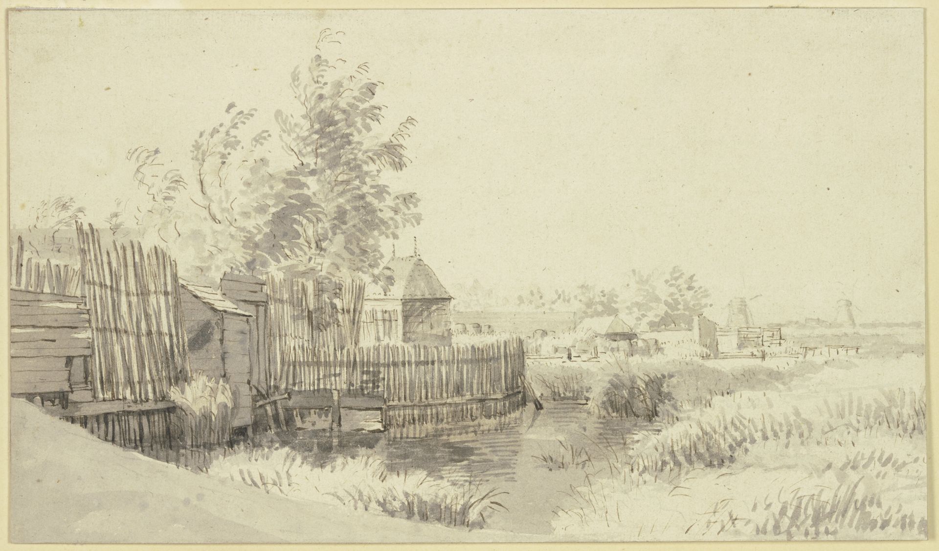 Gartenhaus von einem Lattengeländer umgeben am Wasser by Klaes Molenaer