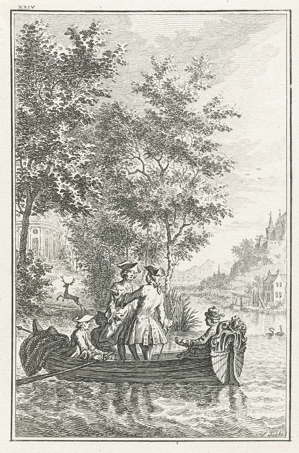 Vijf heren op een roeiboot by Simon Fokke