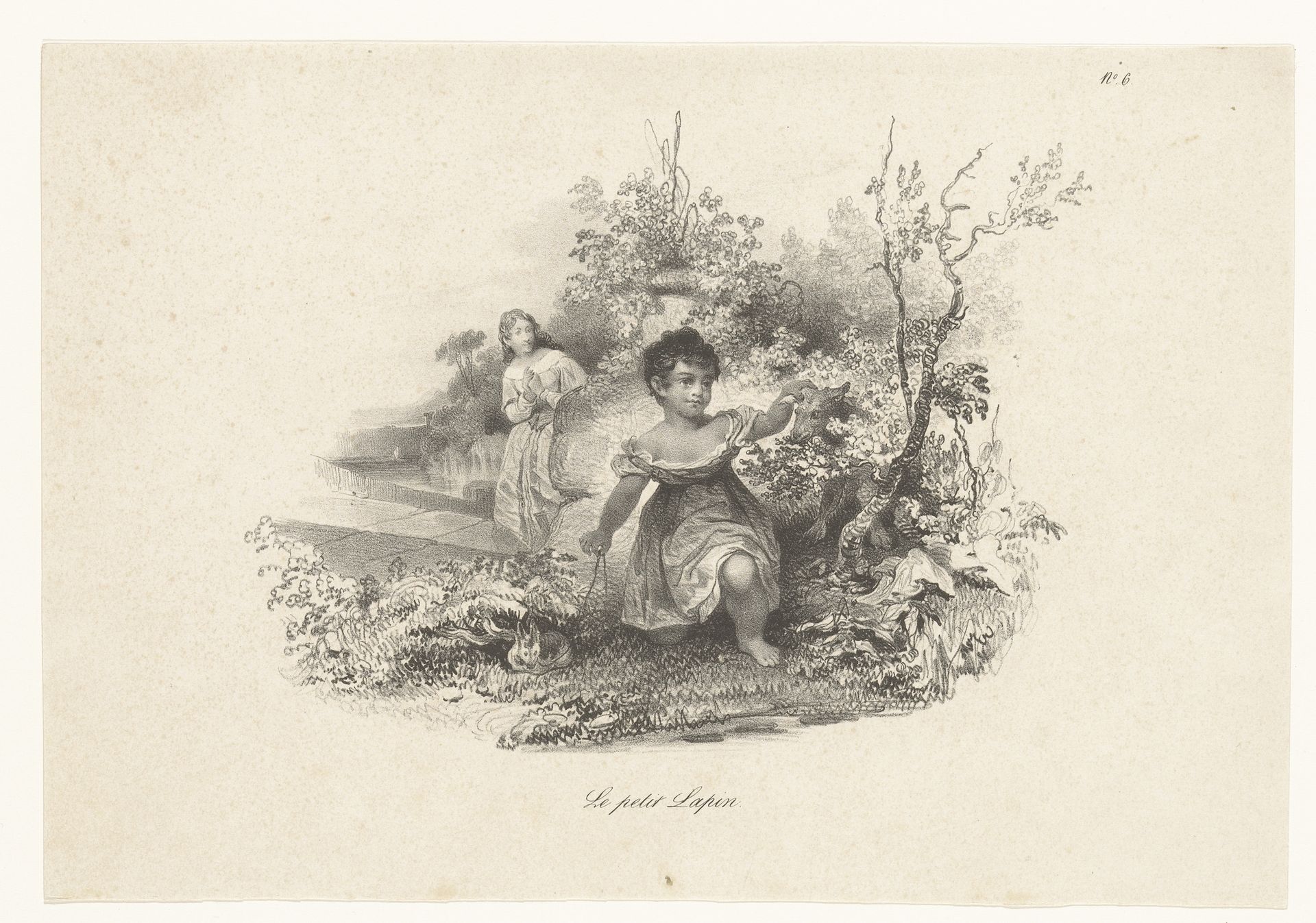 Twee meisjes met een hond en een konijn by Louis Thomas Bardel