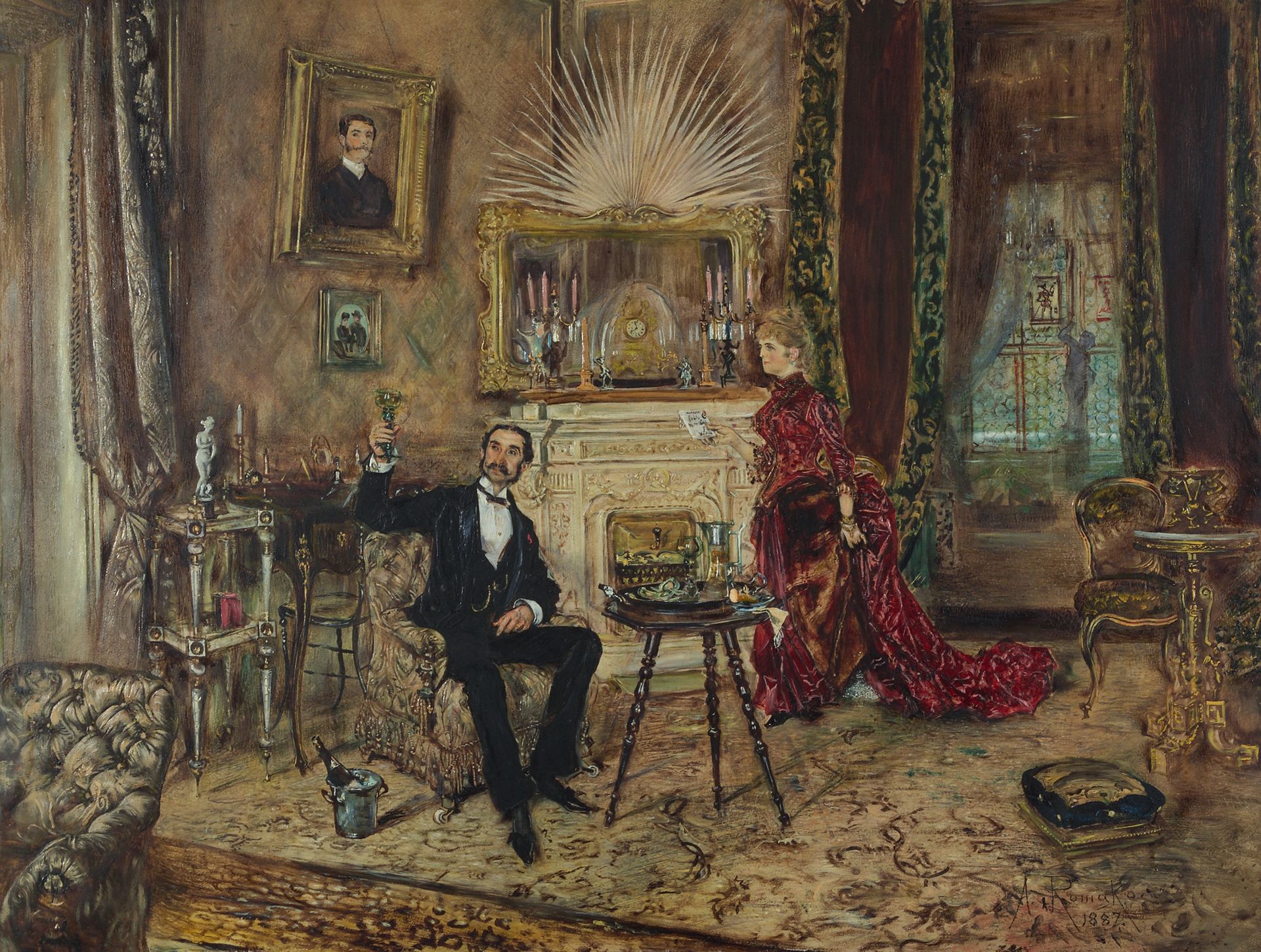 Makart salon interior, with a lady and a seated gentleman by Anton Romako