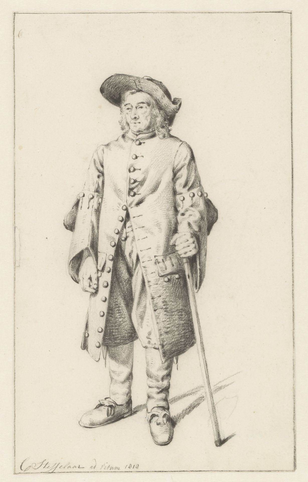 Studie van een staande man met lange jas en wandelstok by Cornelis Steffelaar