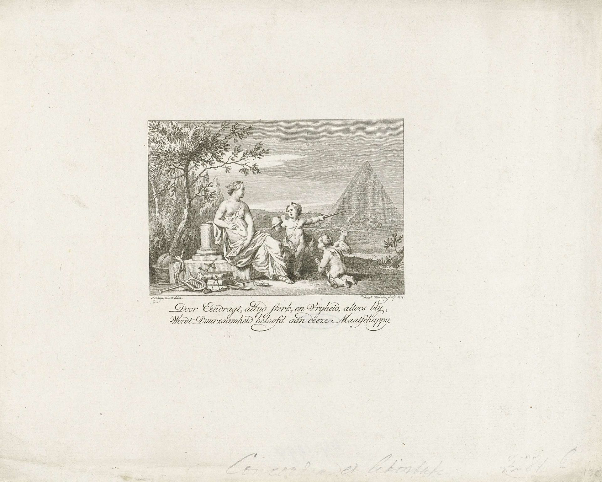 Titelblad voor: Redenvoering en feestzang, ter gelegenheid der vyf-en-twintigste verjaaring van de oprichting des genootschaps onder de zinspreuk: Concordia et libertate, 1773 by Reinier Vinkeles