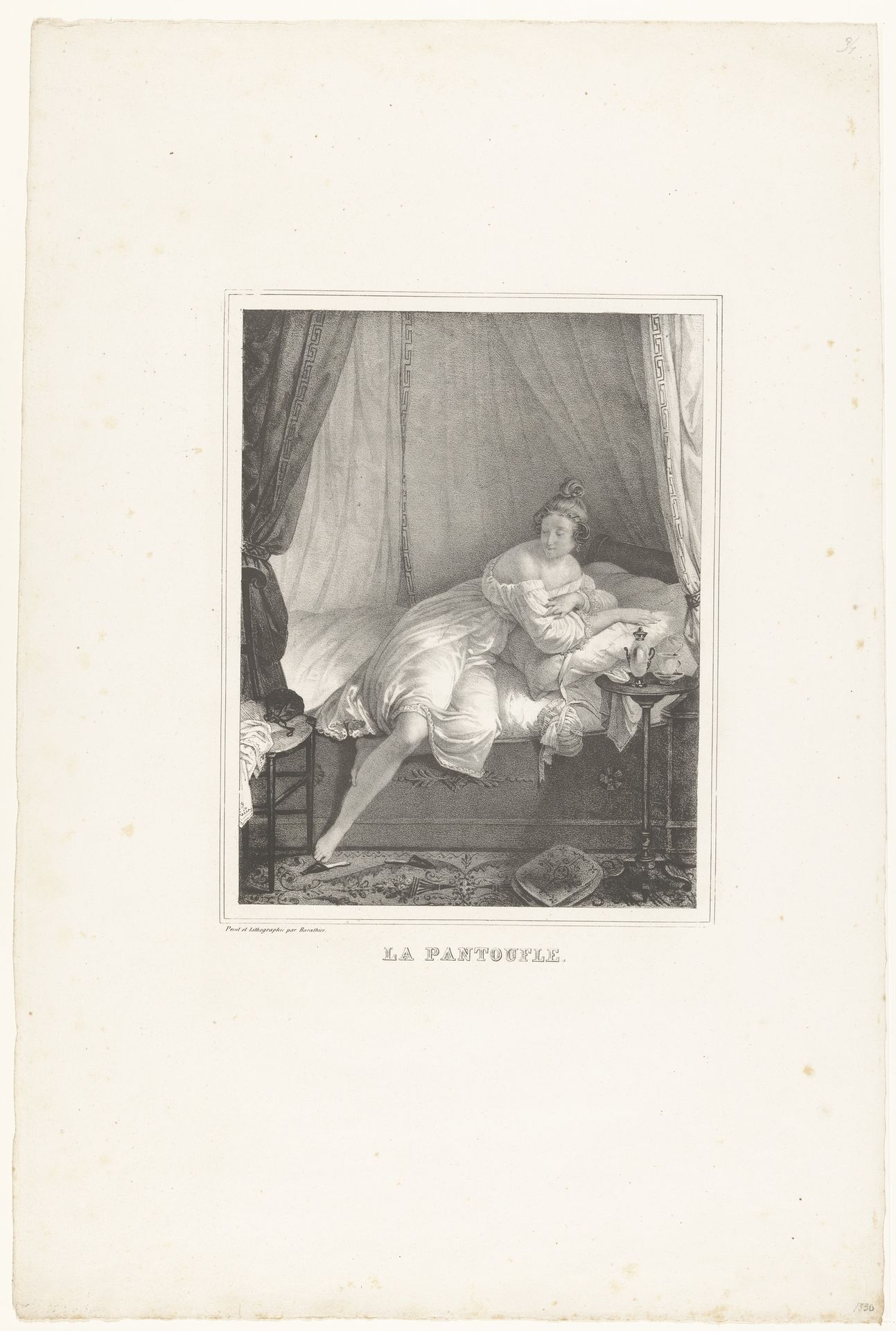 Vrouw in bed steekt haar voet in een pantoffel by Mathieu Barathier
