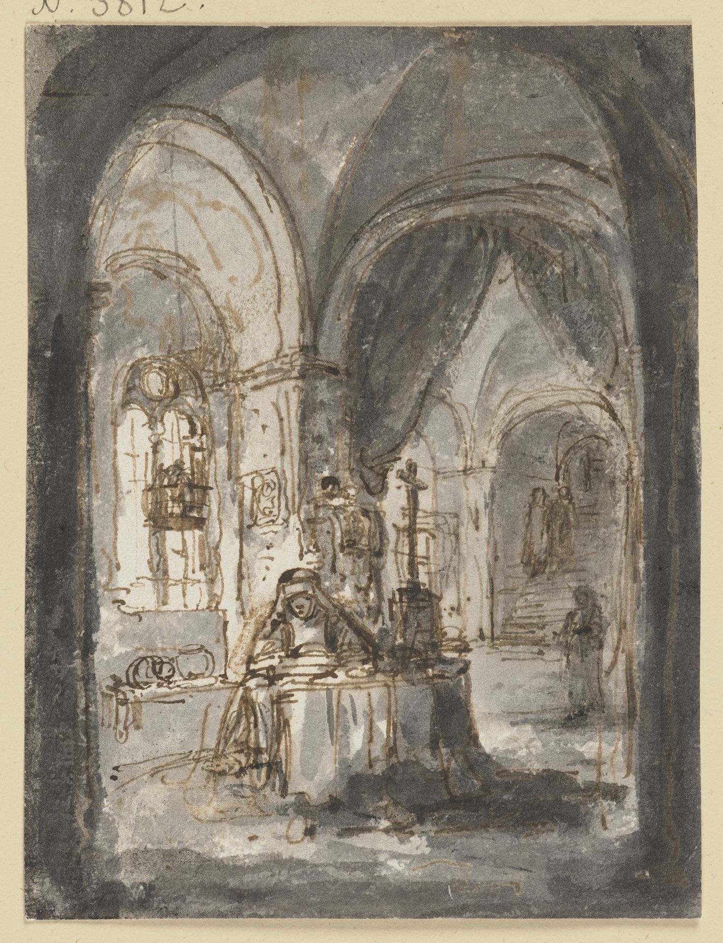 Eine Nonne sitzt in einer Kirche am Altar by Ferdinand Bol
