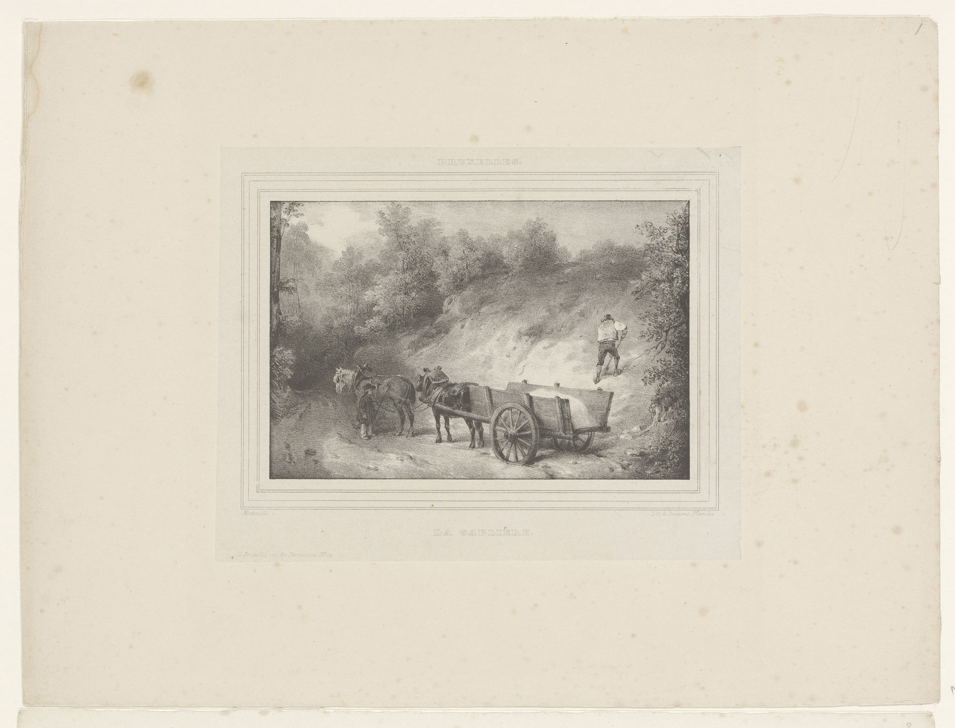 Landschap met man die een kar met zand laadt by Jean-Baptiste Madou