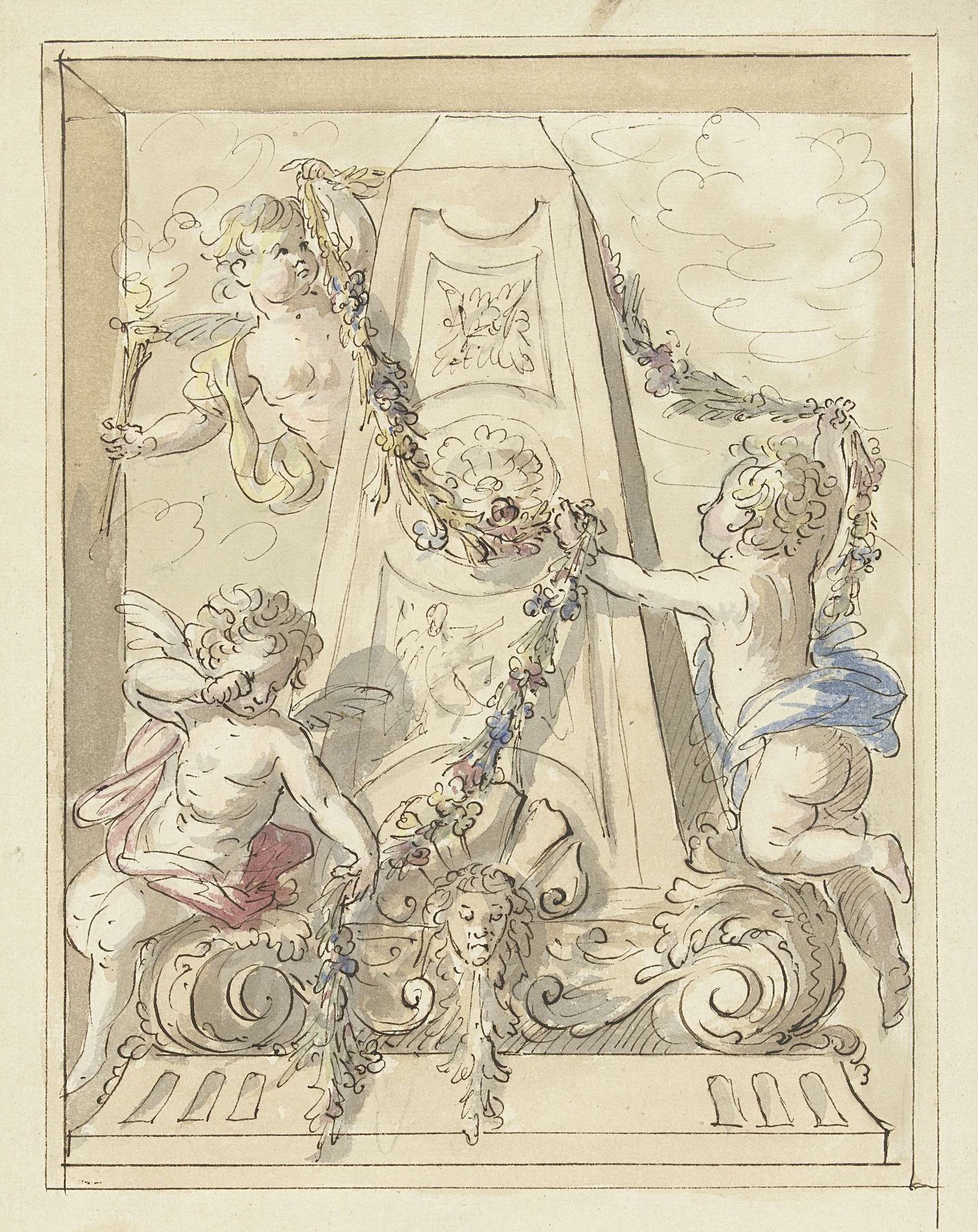 Monument door treurende putti met slingers behangen by Elias van Nijmegen