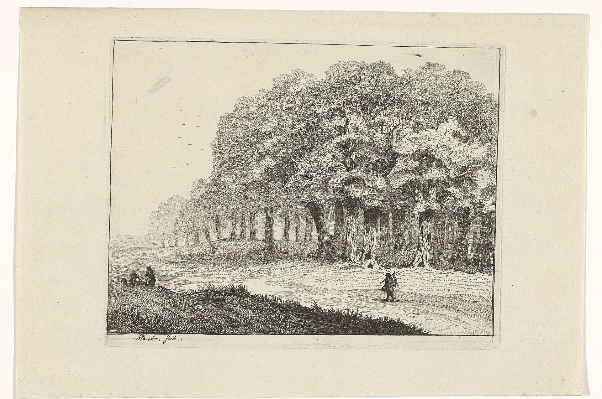Gezicht op de rand van een bos met een terugkerende jager by Anna Maria de Koker
