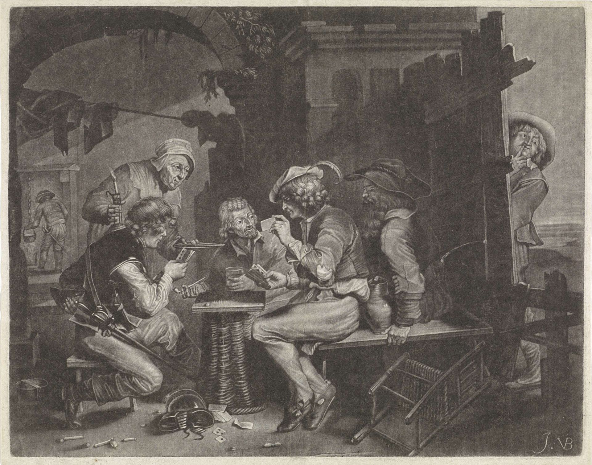 Kaartspelers en een plassende man by Jan van der Bruggen