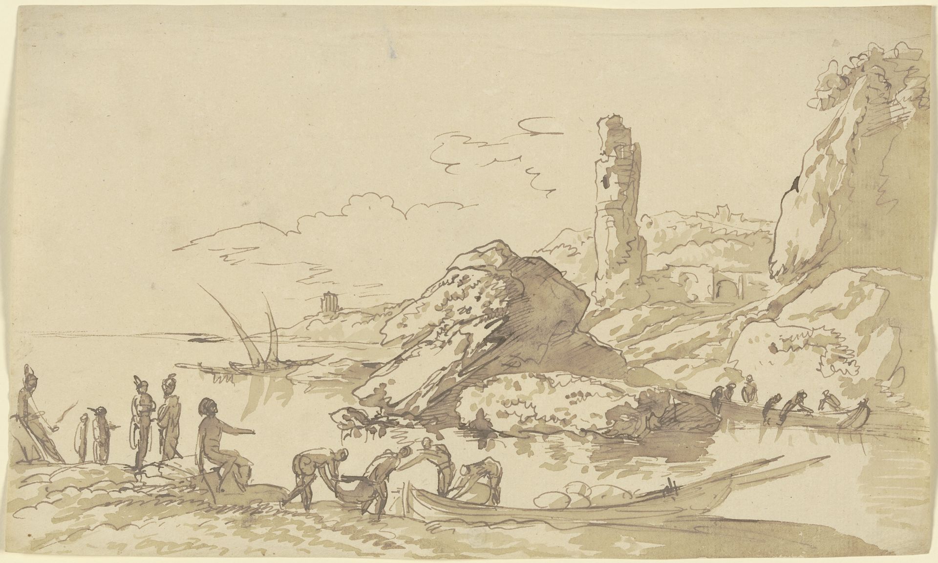 Meeresufer, im Vordergrund Männer, die ein Boot beladen, im Mittelgrund die Ruine eines Turms, im Hintergrund eine Tempelruine by Franz Kobell