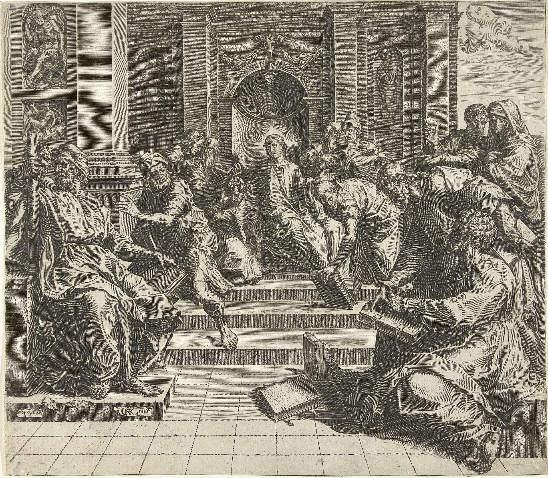 Christus, op 12-jarige leeftijd, in discussie met de schriftgeleerden by Cornelis Cort