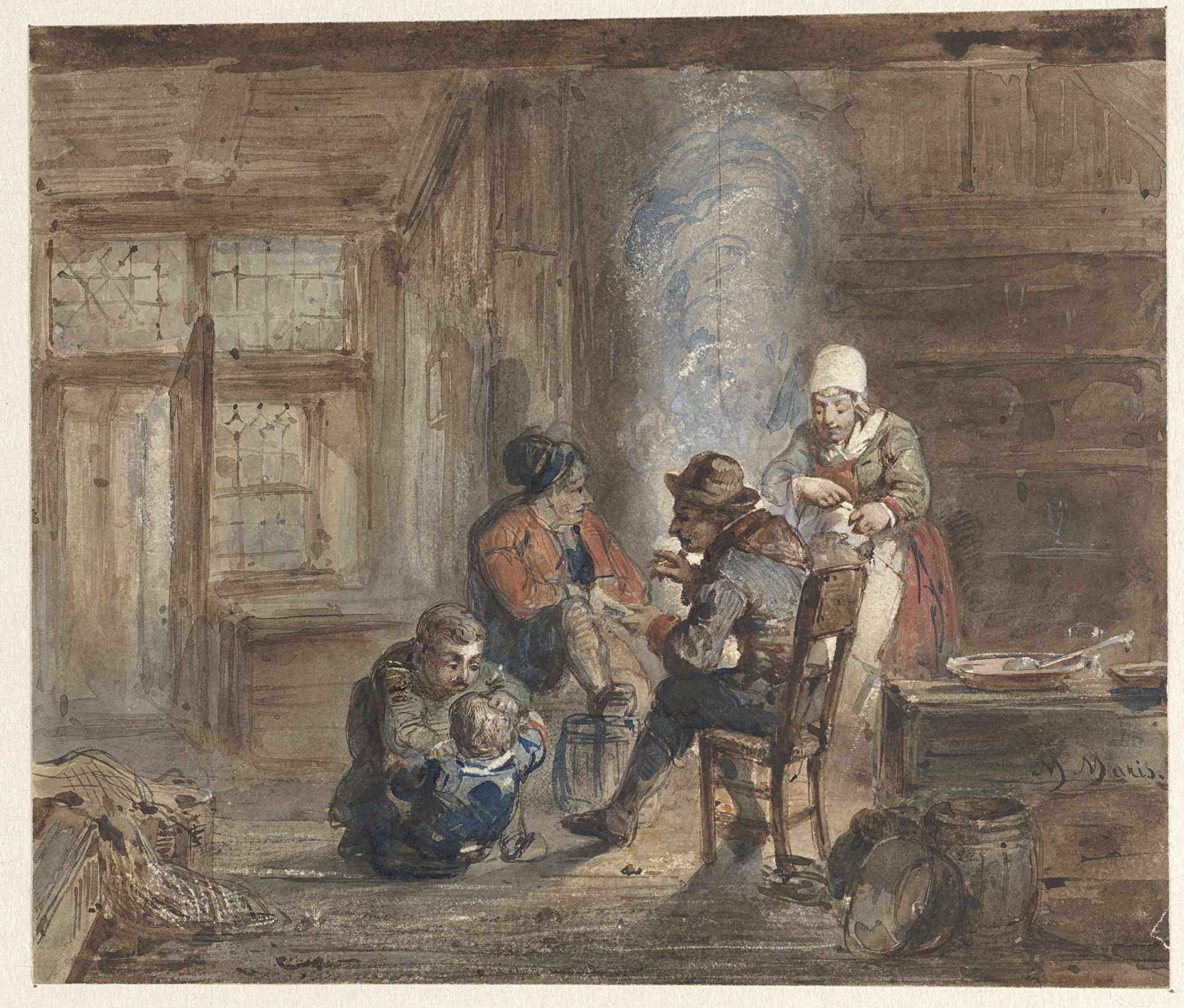 Interieur met een familie rond een haard by Matthijs Maris