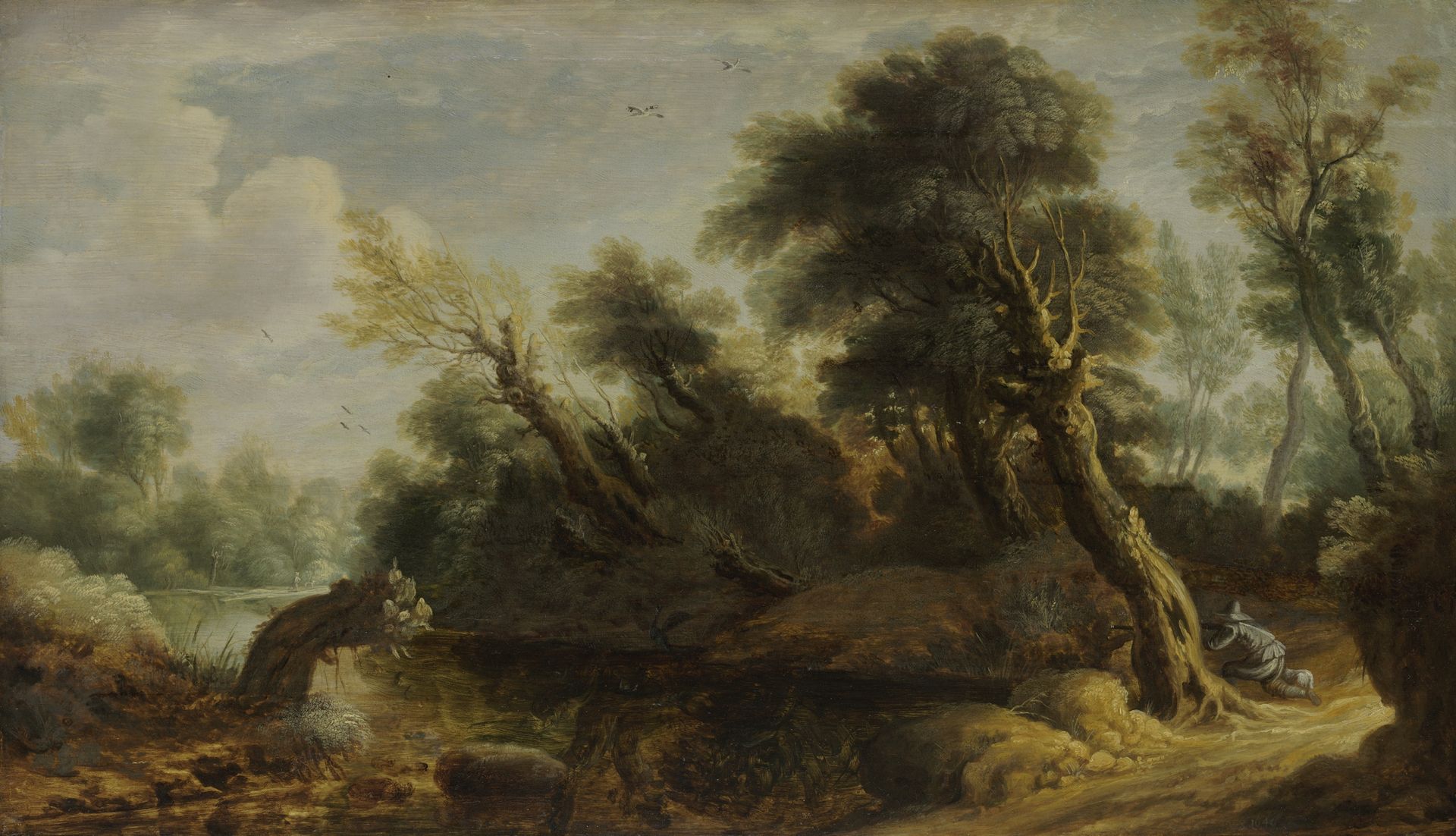 Wooded Landscape with a Wildfowler by a Stream by Anonymous
