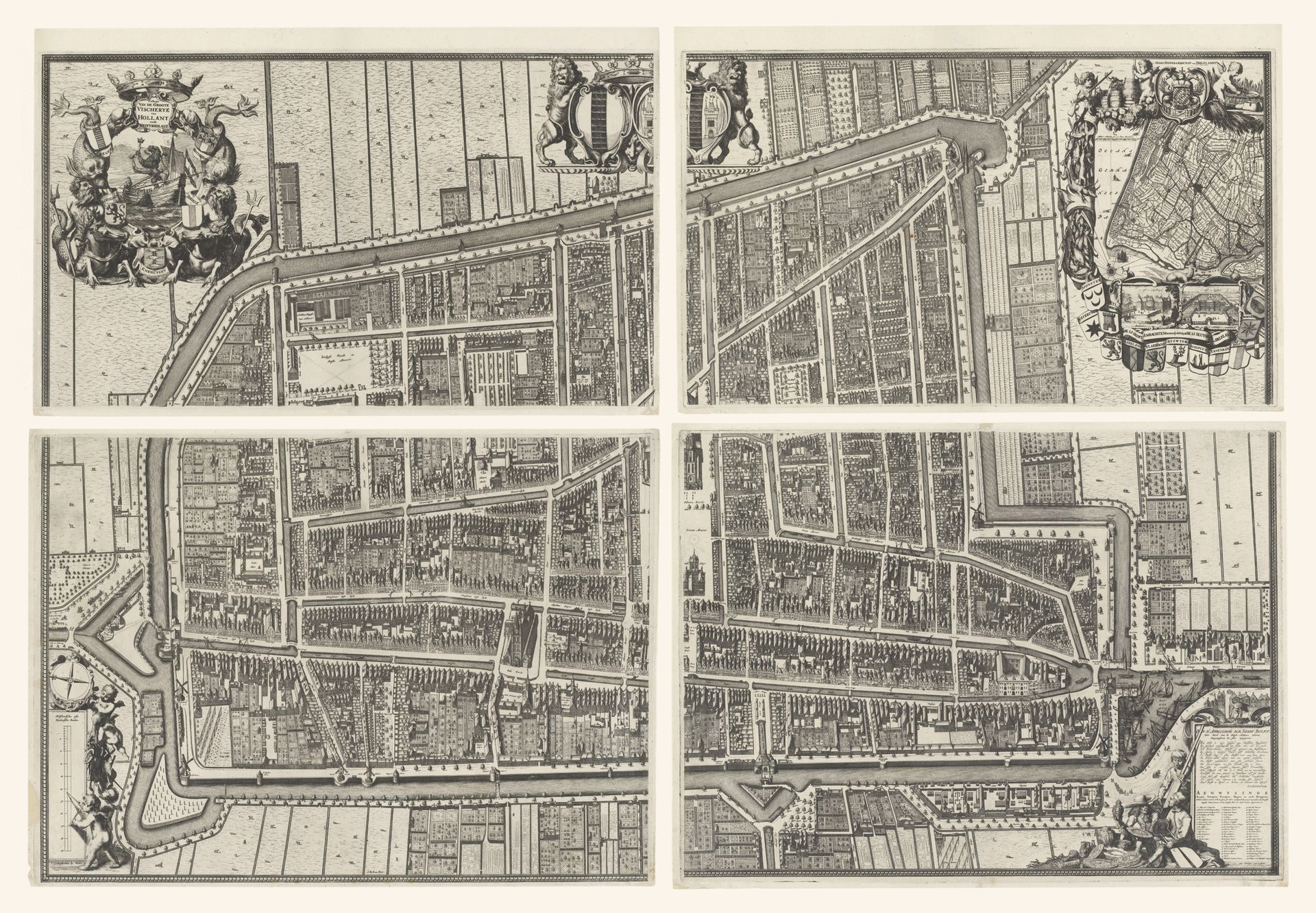 Plattegrond van de Kaart Figuratief van Delft, bestaande uit vier delen by Johannes de Ram