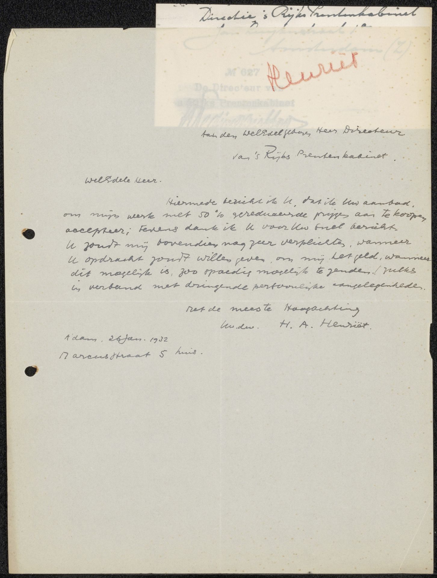 Brief aan jonkheer Hendrik Teding van Berkhout (1879-1969) by Henk Henriët