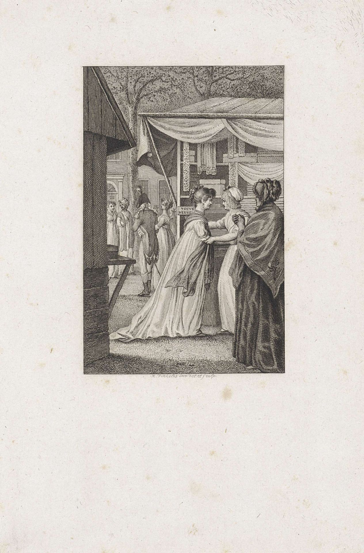 Twee dames in gesprek voor een marktkraam by Reinier Vinkeles