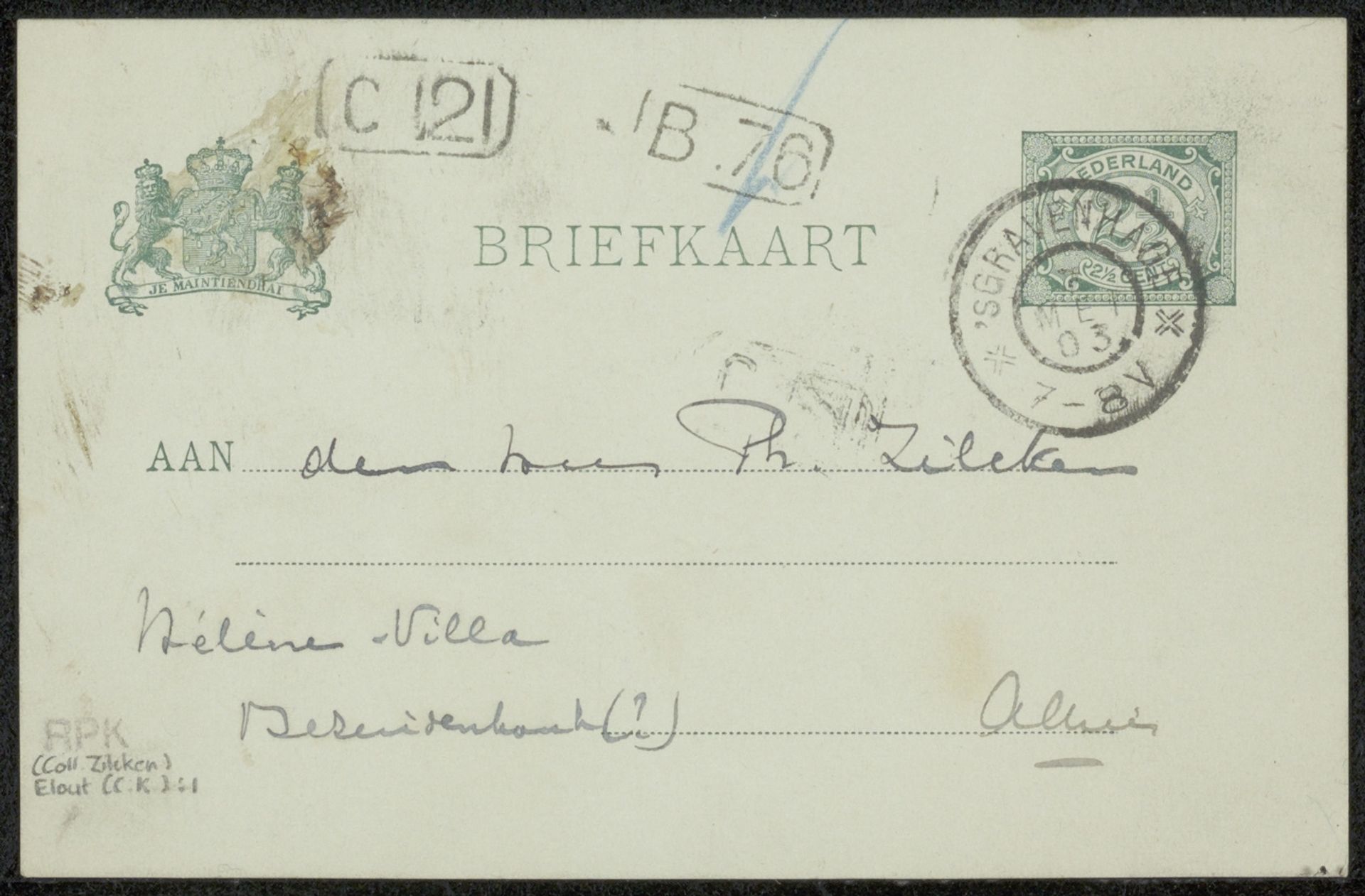 Briefkaart aan Philip Zilcken by Cornelis Karel Elout
