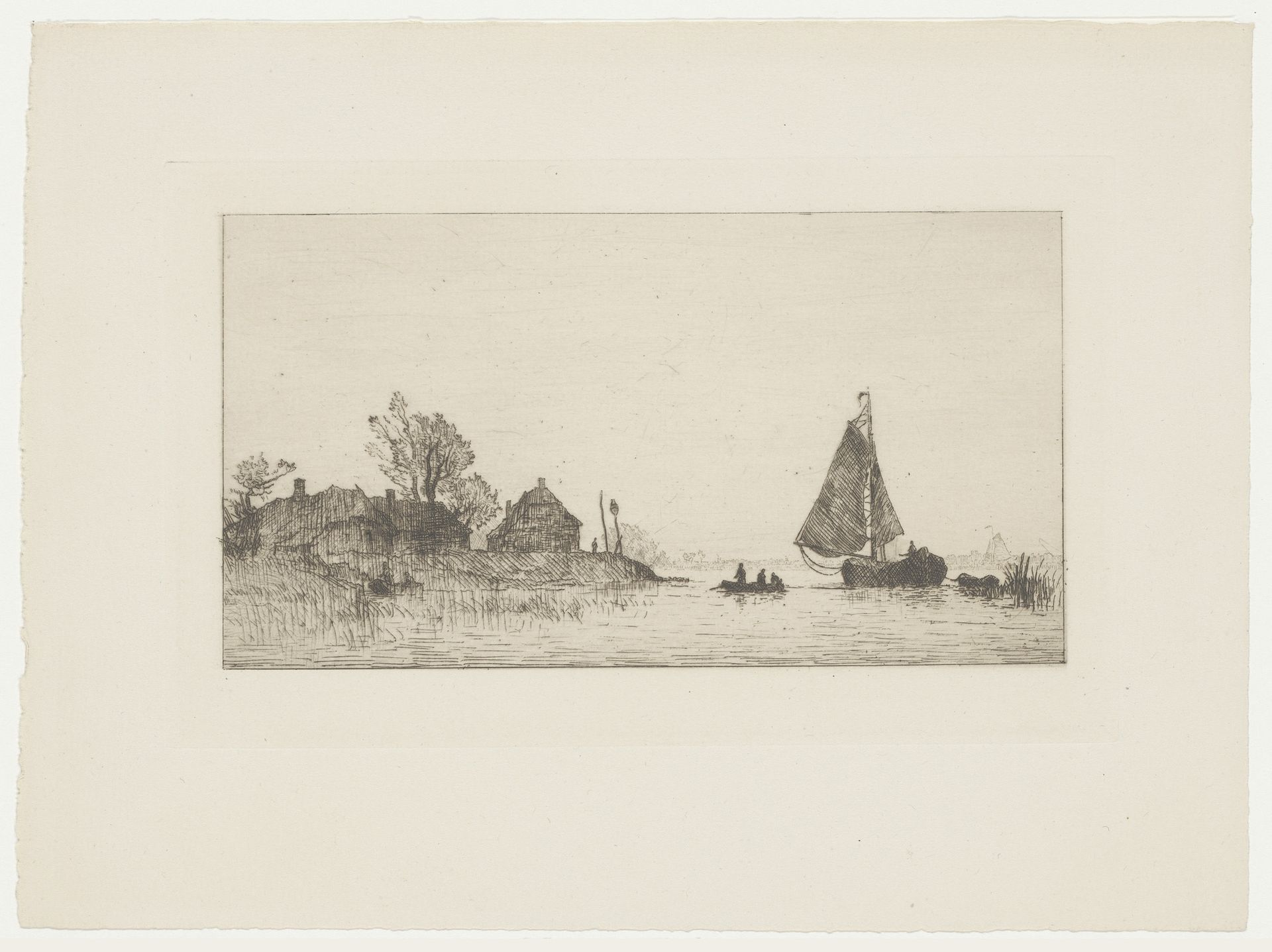 Rivierlandschap met zeilboot en twee roeiboten by Alphonse Stengelin