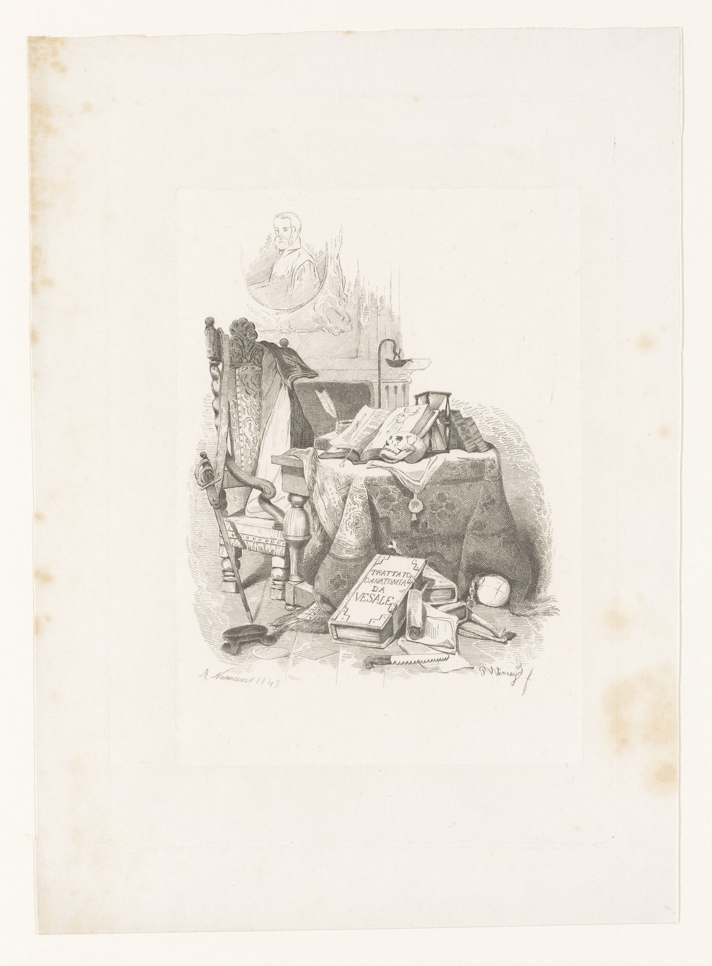 Stilleven met het traktaat en een portret van Andreas Vesalius by Auguste Numans