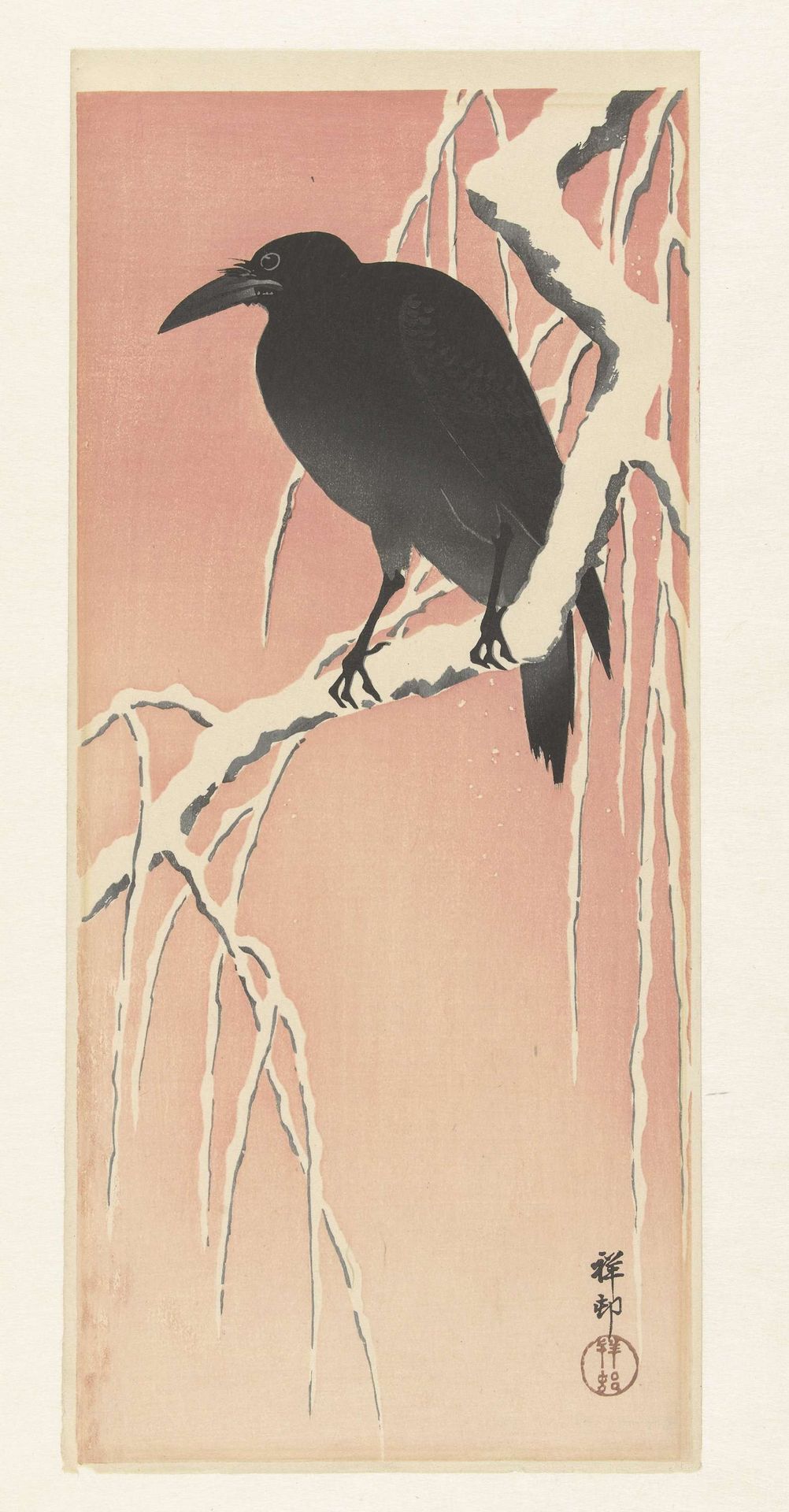 Kraai op besneeuwde tak. by Ohara Koson