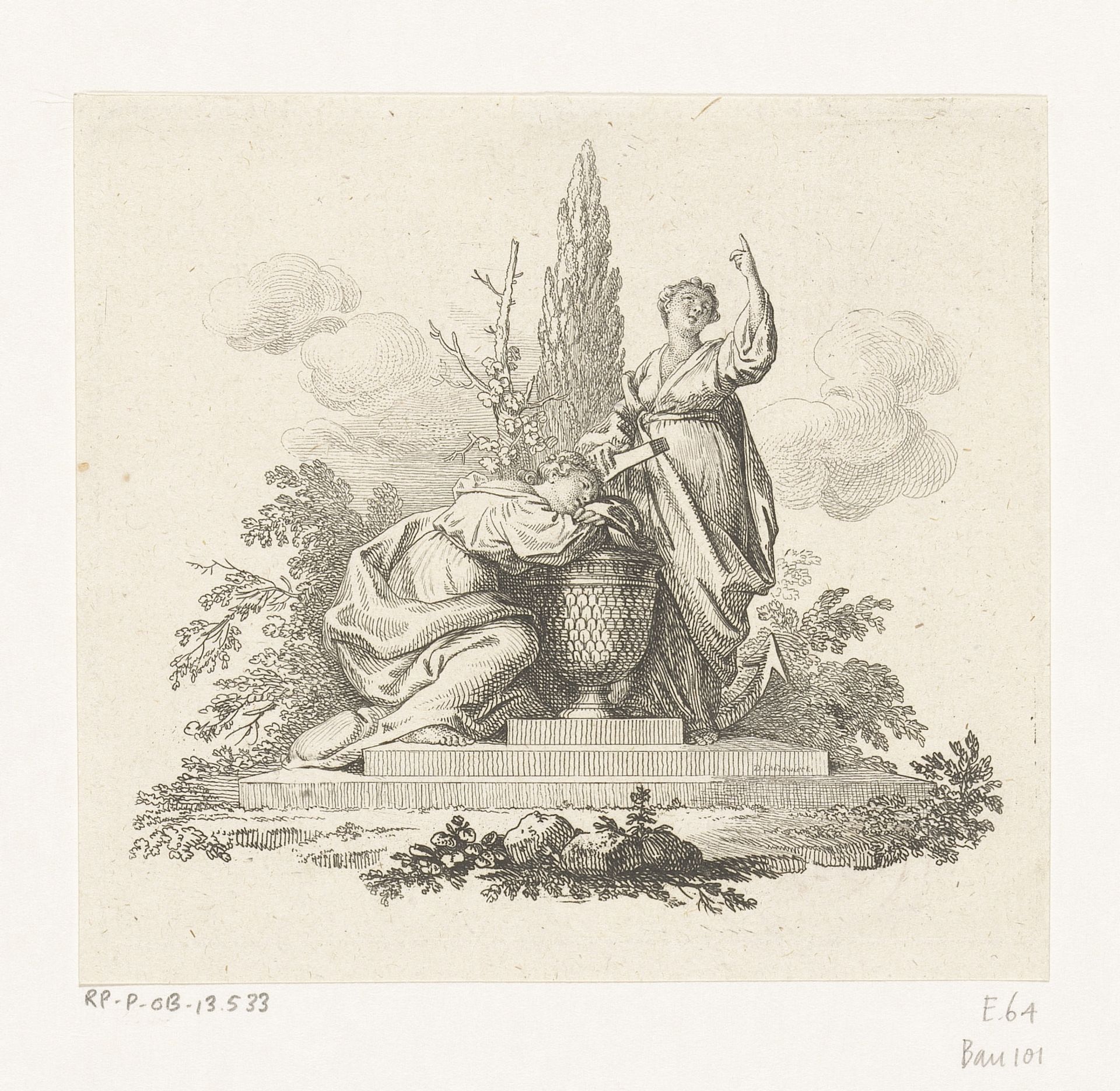 Vriendschap en Hoop naast een urn by Daniel Nikolaus Chodowiecki