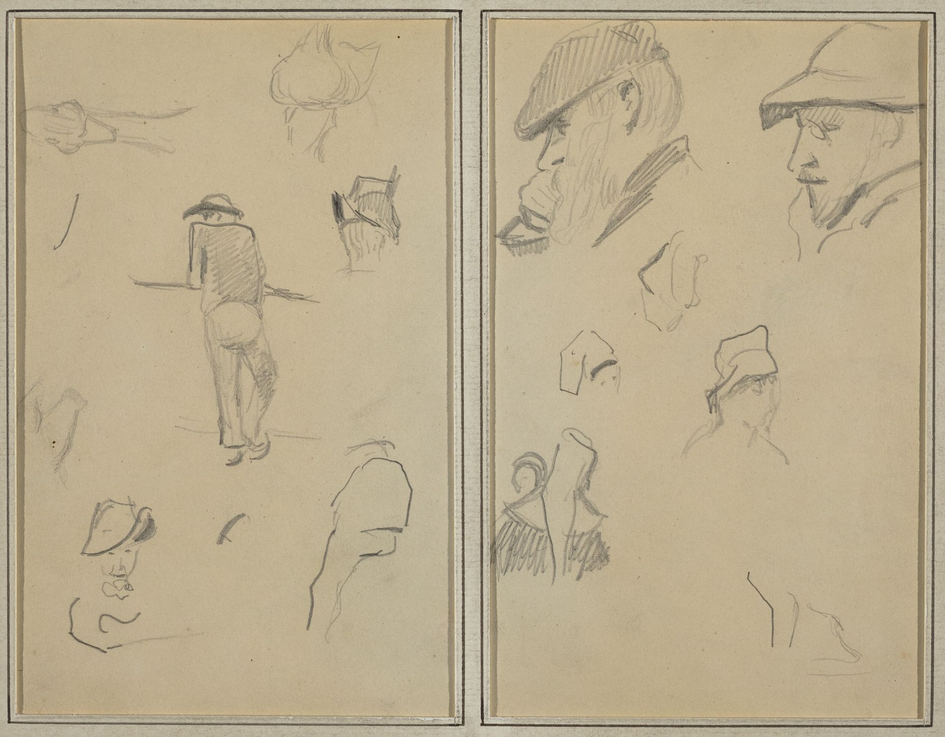 A Man Leaning on a Wall with Five Other Studies; Two Bearded Men Wearing Hats, and Five Other Studies [recto] by Paul Gauguin