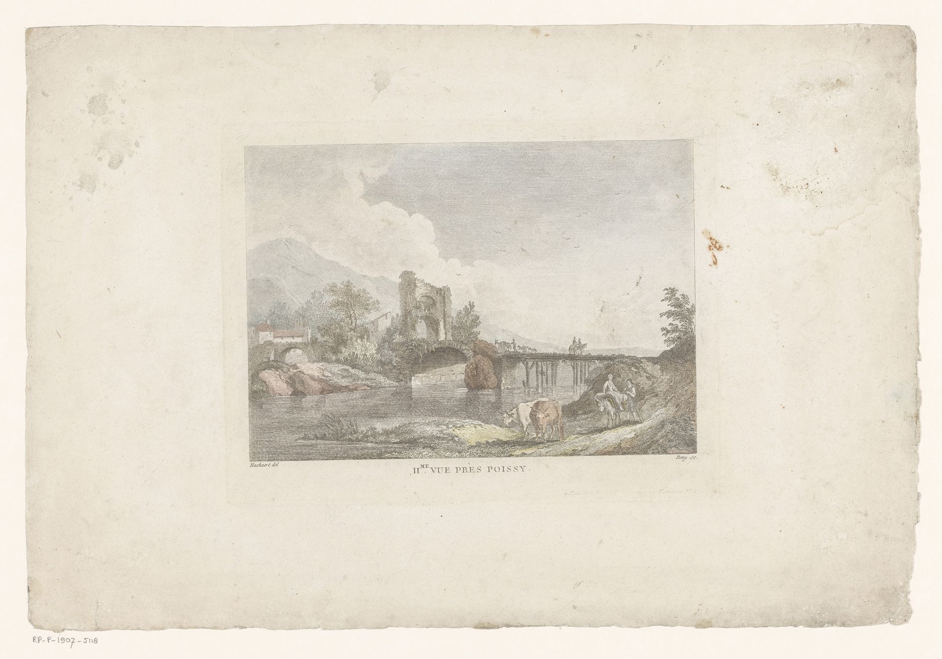 Rivierlandschap met herders bij een brug by Jeanne Deny