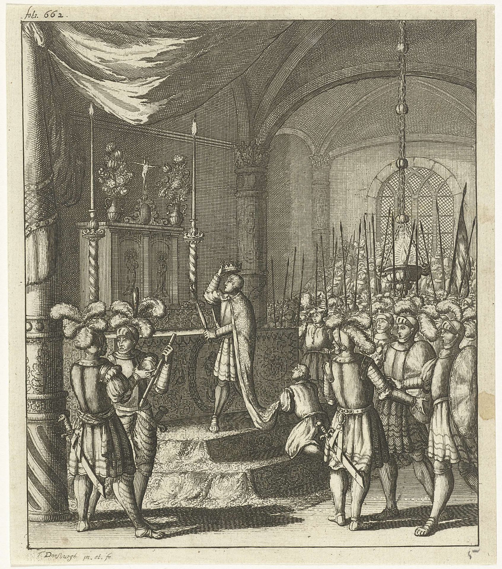 Kerkinterieur met heerser bij altaar en leger soldaten by Thomas Doesburgh