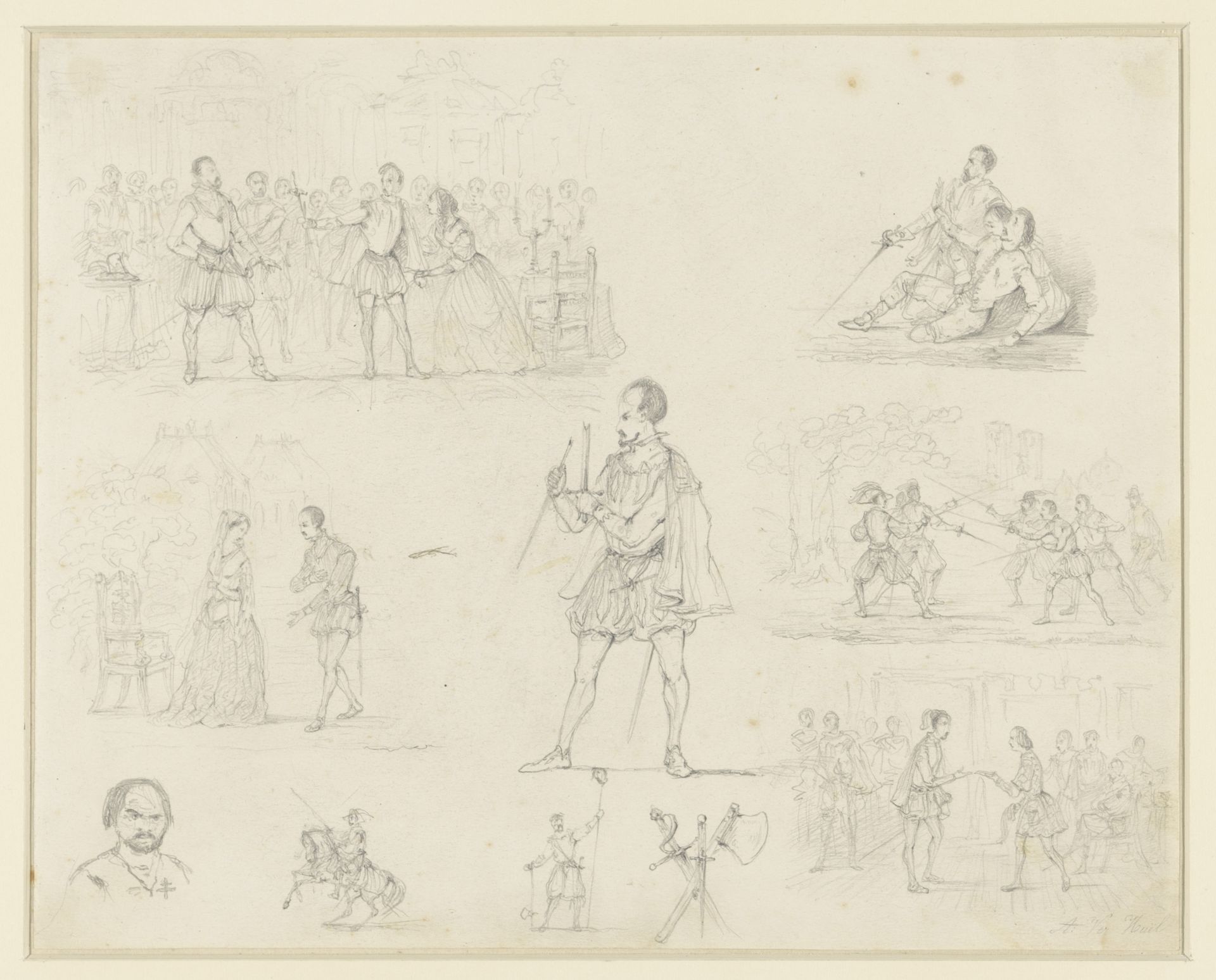Schetsen van figuren in Spaans kostuum by Alexander Ver Huell
