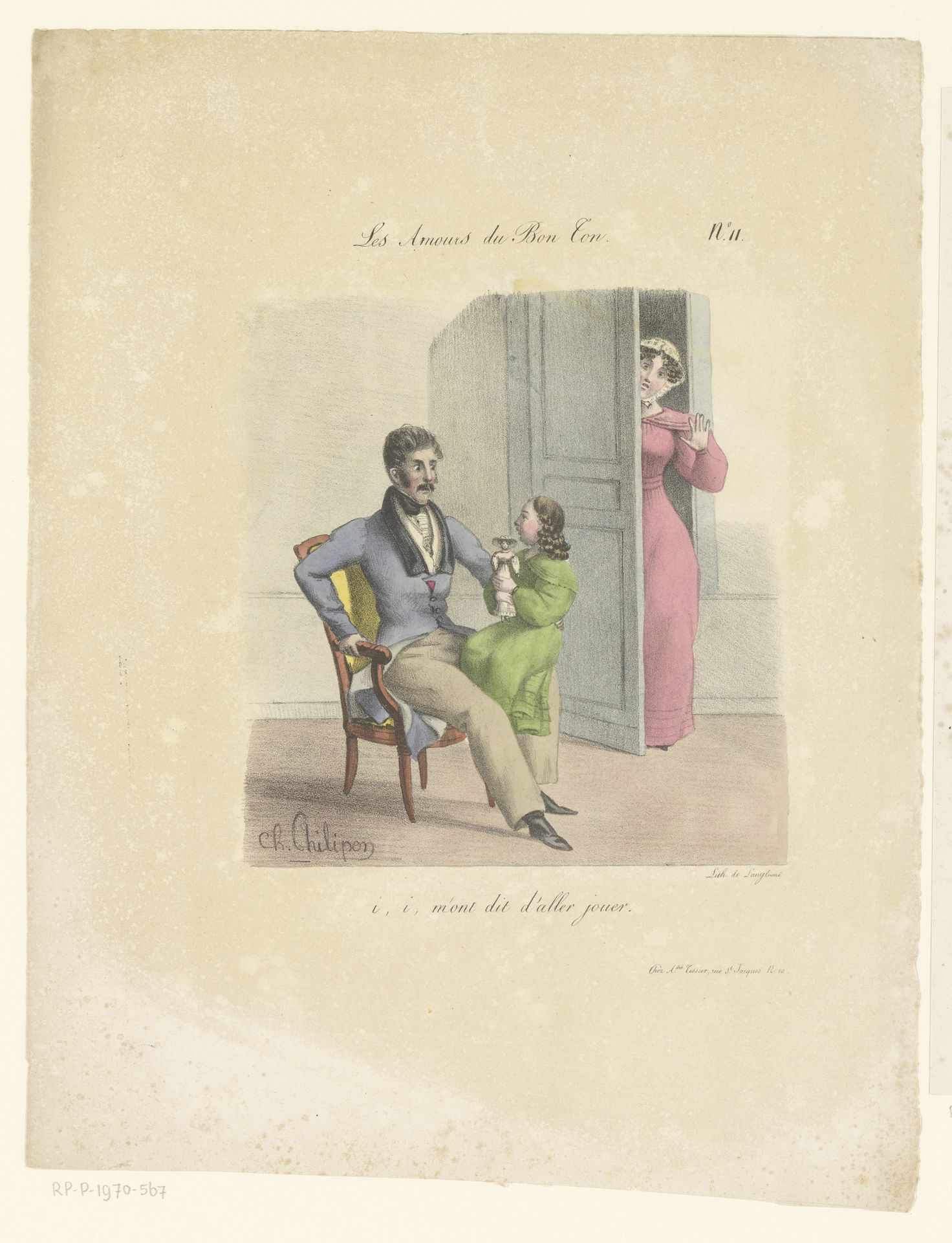 Man met kind op zijn knie, vrouw kijkt achter de deur by Charles Philipon