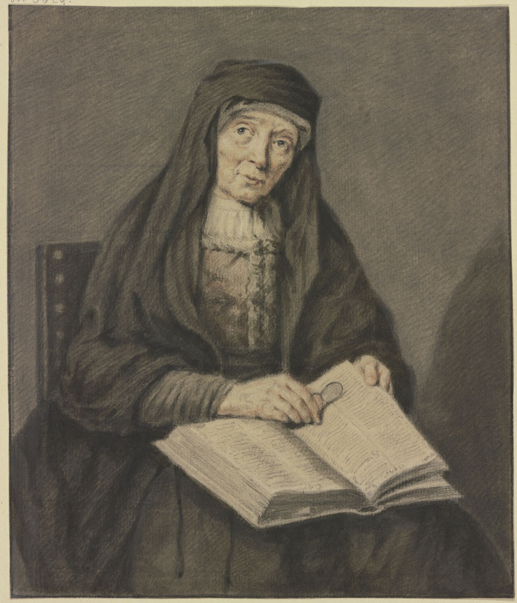 Sitzende alte Frau in einem Buch lesend, sie hält die Brille in der Hand, Kniestück by Johannes Pieter de Frey