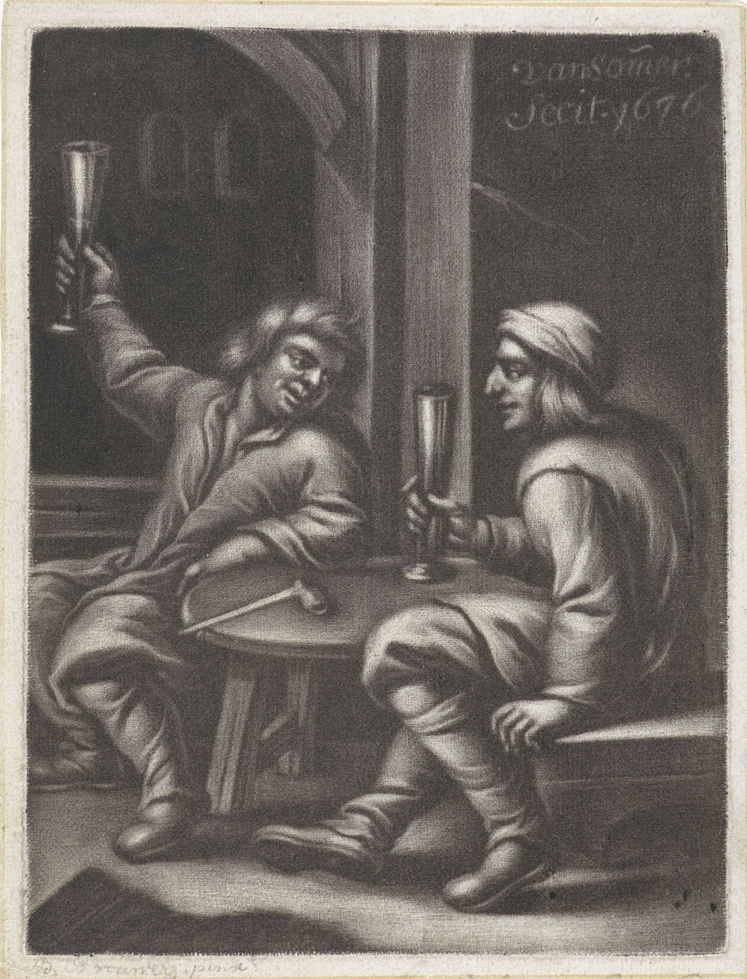 Twee drinkende mannen aan een tafel by Jan van Somer