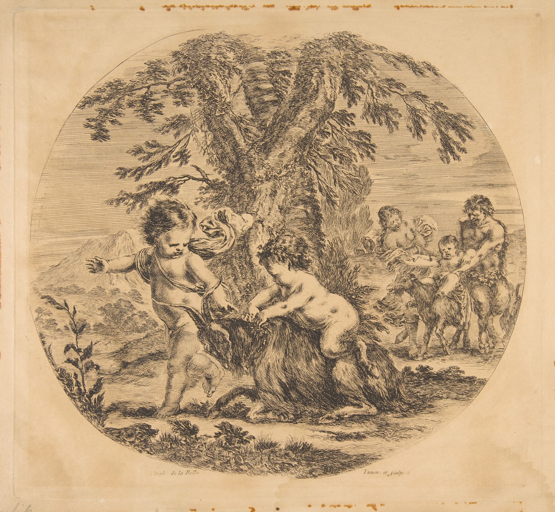 A child and a satyr child playing with a goat by Stefano della Bella