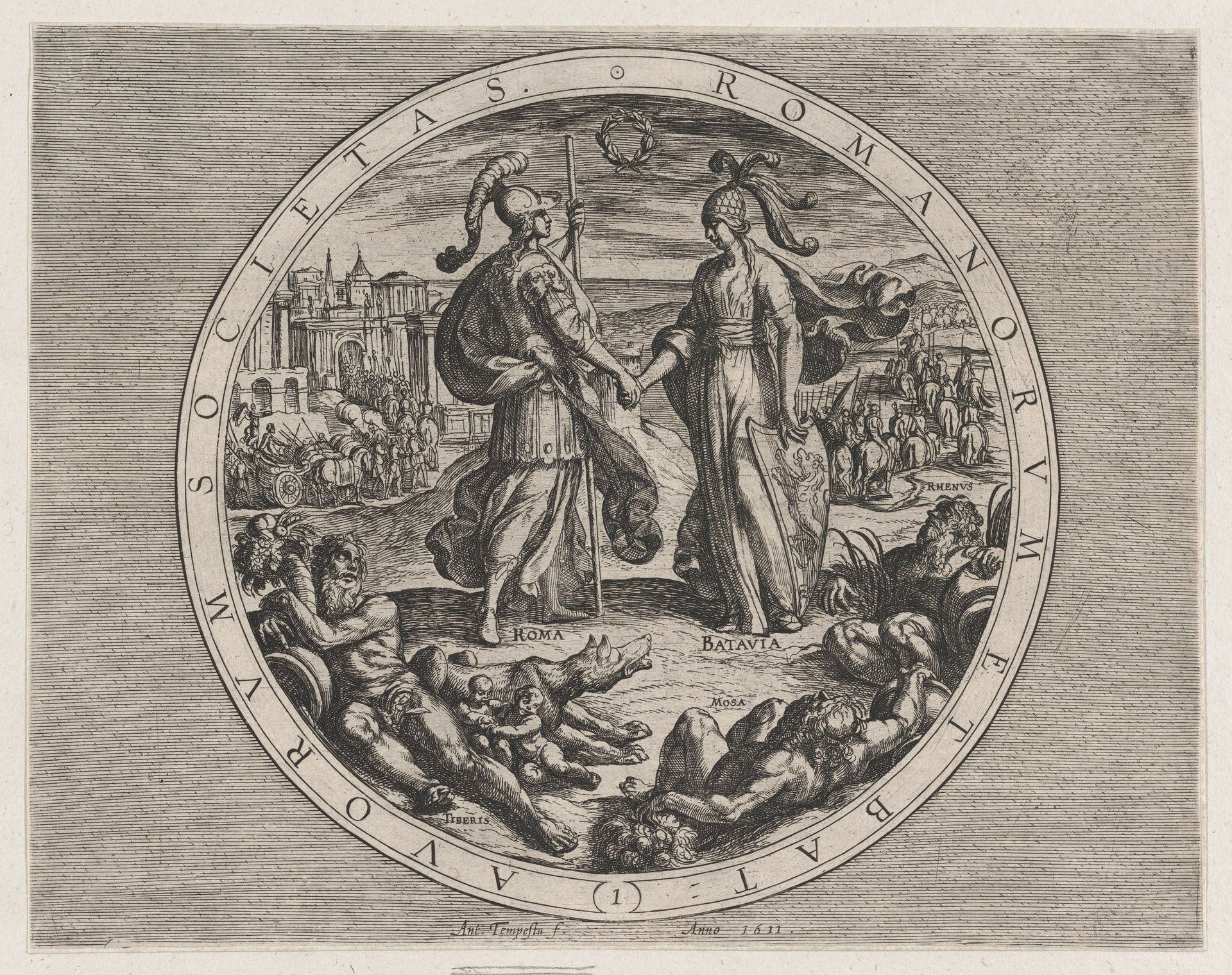 Plate 1: Roma and Batavia Shaking Hands, from The War of the Romans Against the Batavians (Romanorvm et Batavorvm societas) by Antonio Tempesta