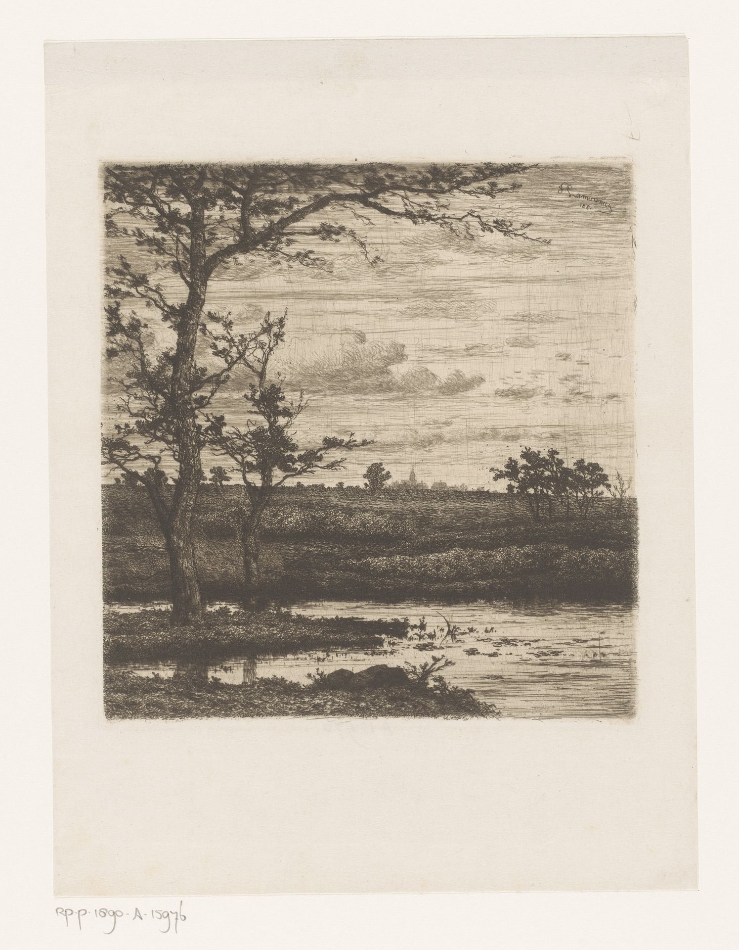 Landschap met waterpartij en bomen, een dorp op de achtergrond by Jean Pierre François Lamorinière