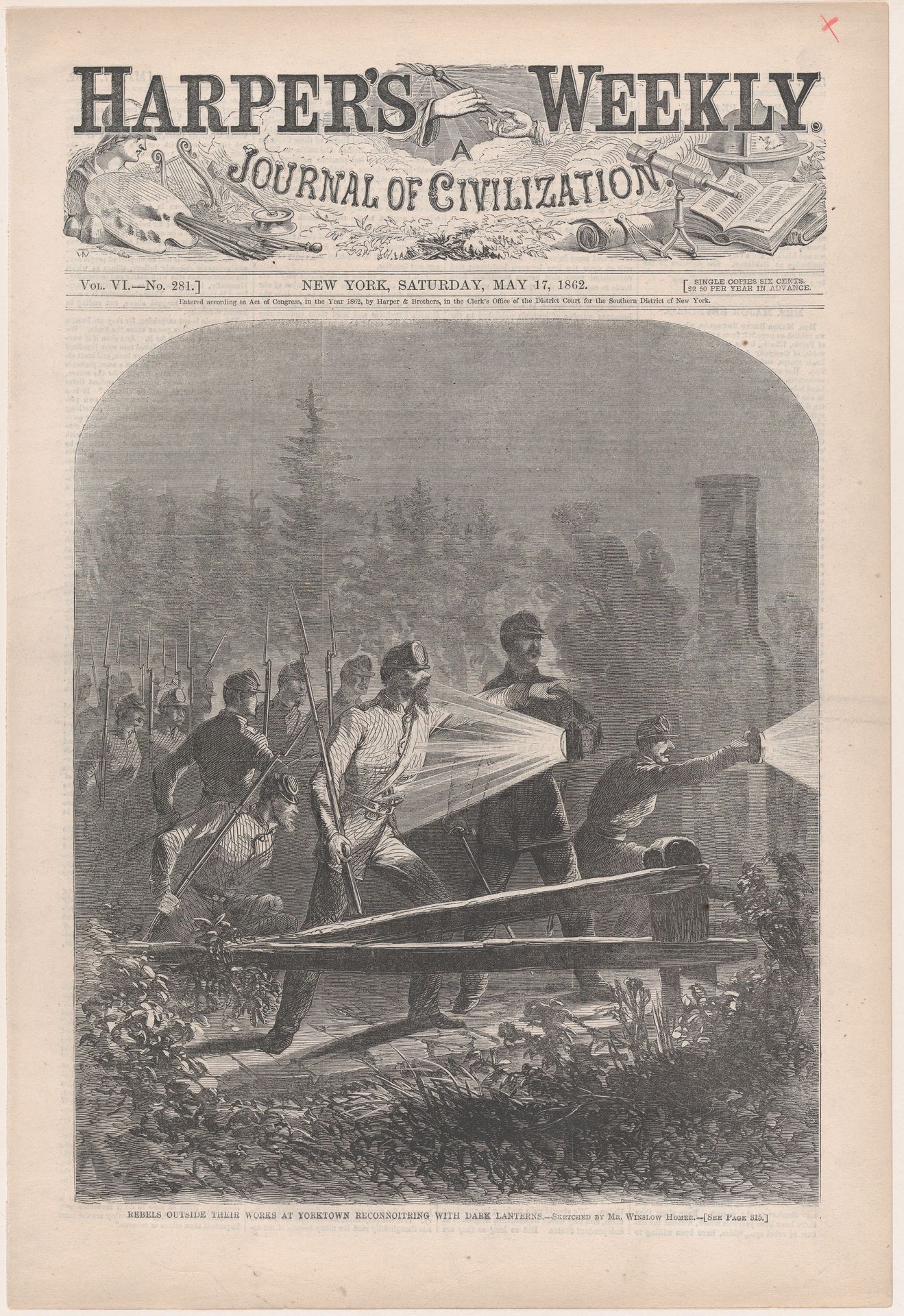 Rebels Outside Their Works at Yorktown, Reconnoitring [sic] with Dark Lanterns (from "Harper's Weekly," Vol. VI) by Winslow Homer