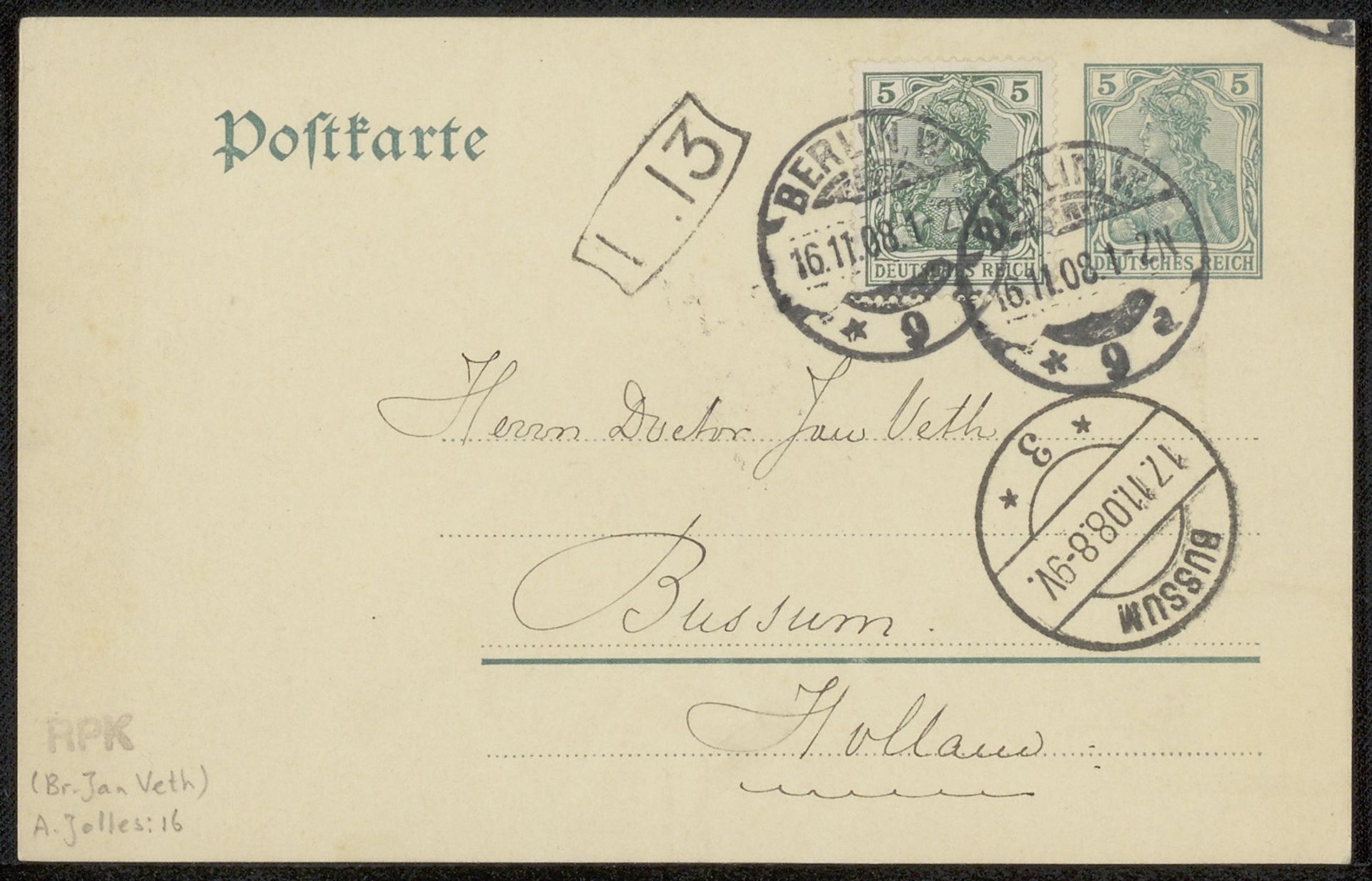 Briefkaart aan Jan Veth by André Jolles