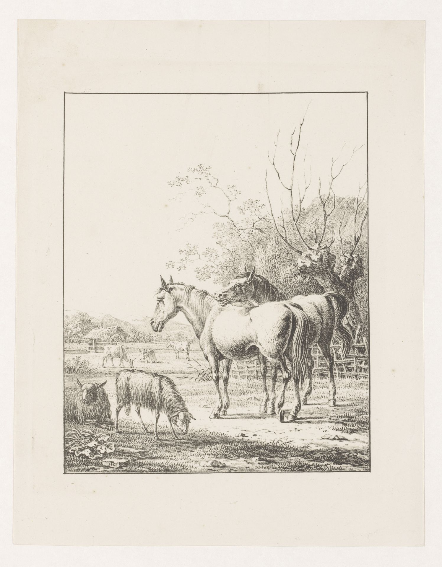 Twee paarden, twee schapen en koeien by Pieter de Goeje