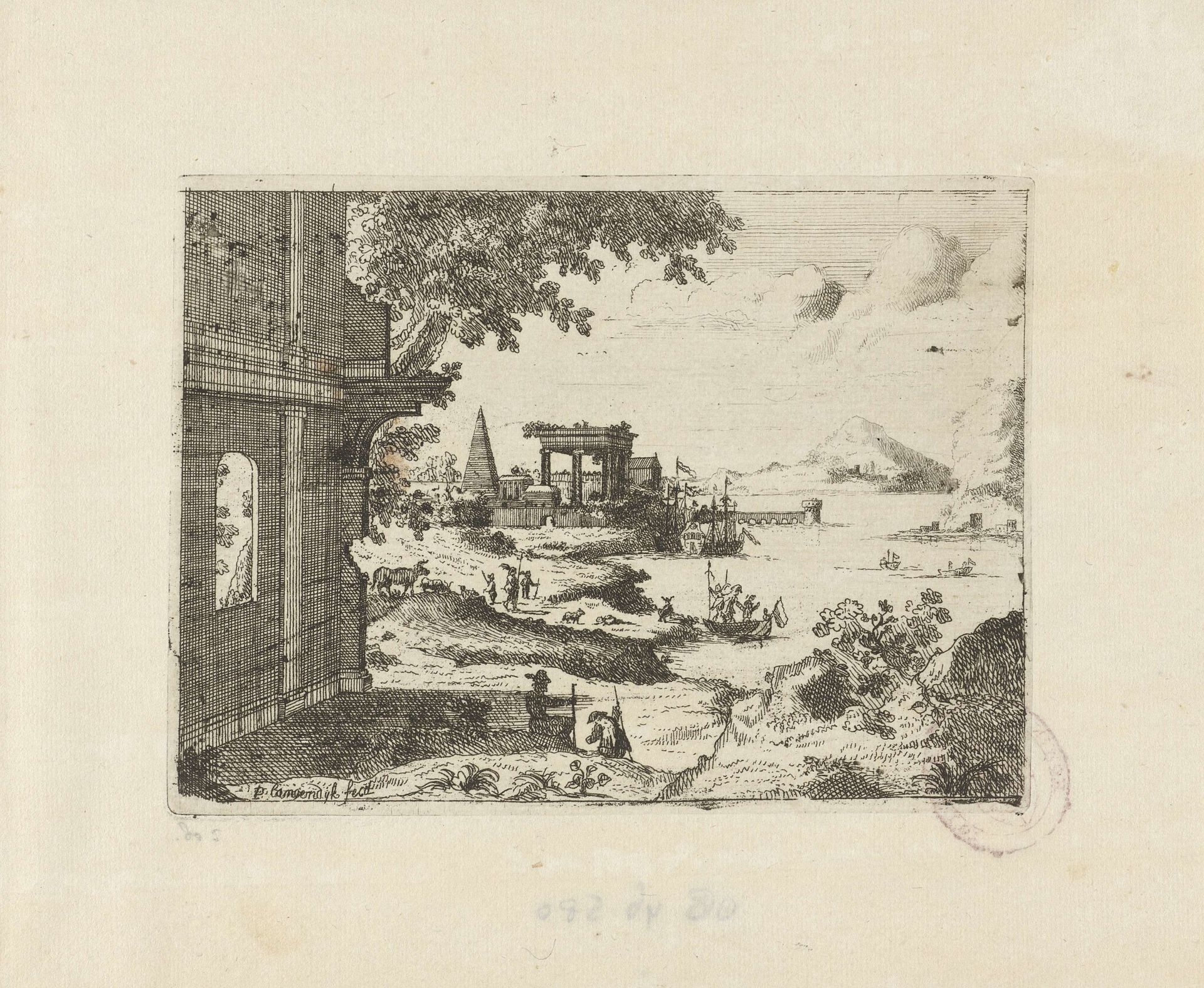 Rivierlandschap met antieke bouwwerken by Pieter (I) Langendijk