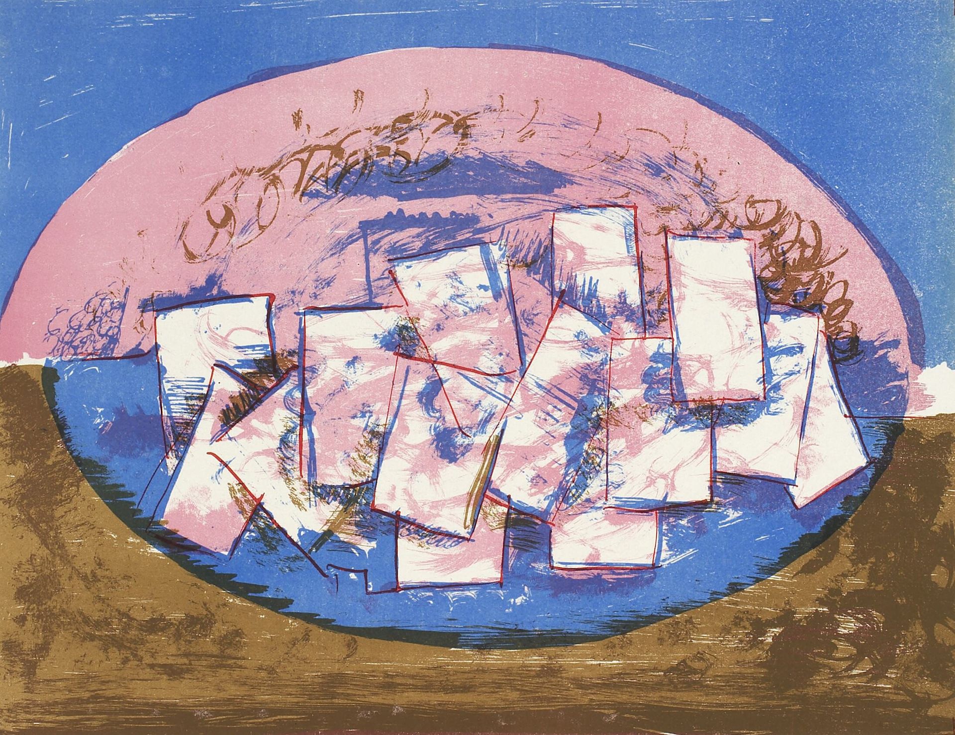 Blå og lyserød ellipse med firkanter på brun og blå baggrund by Vilhelm Lundstrom
