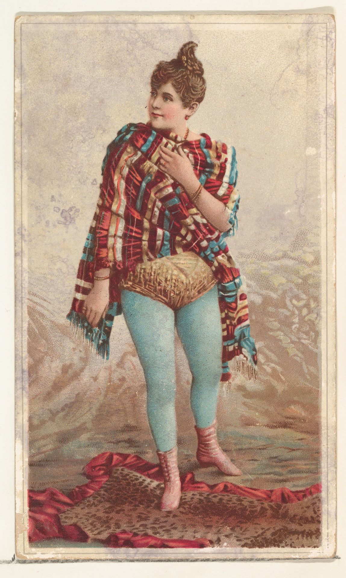 Actress wearing blanket and standing on fur rug, from Stars of the Stage, Second Series (N130) issued by Duke Sons & Co. to promote Honest Long Cut Tobacco by W. Duke, Sons & Co.