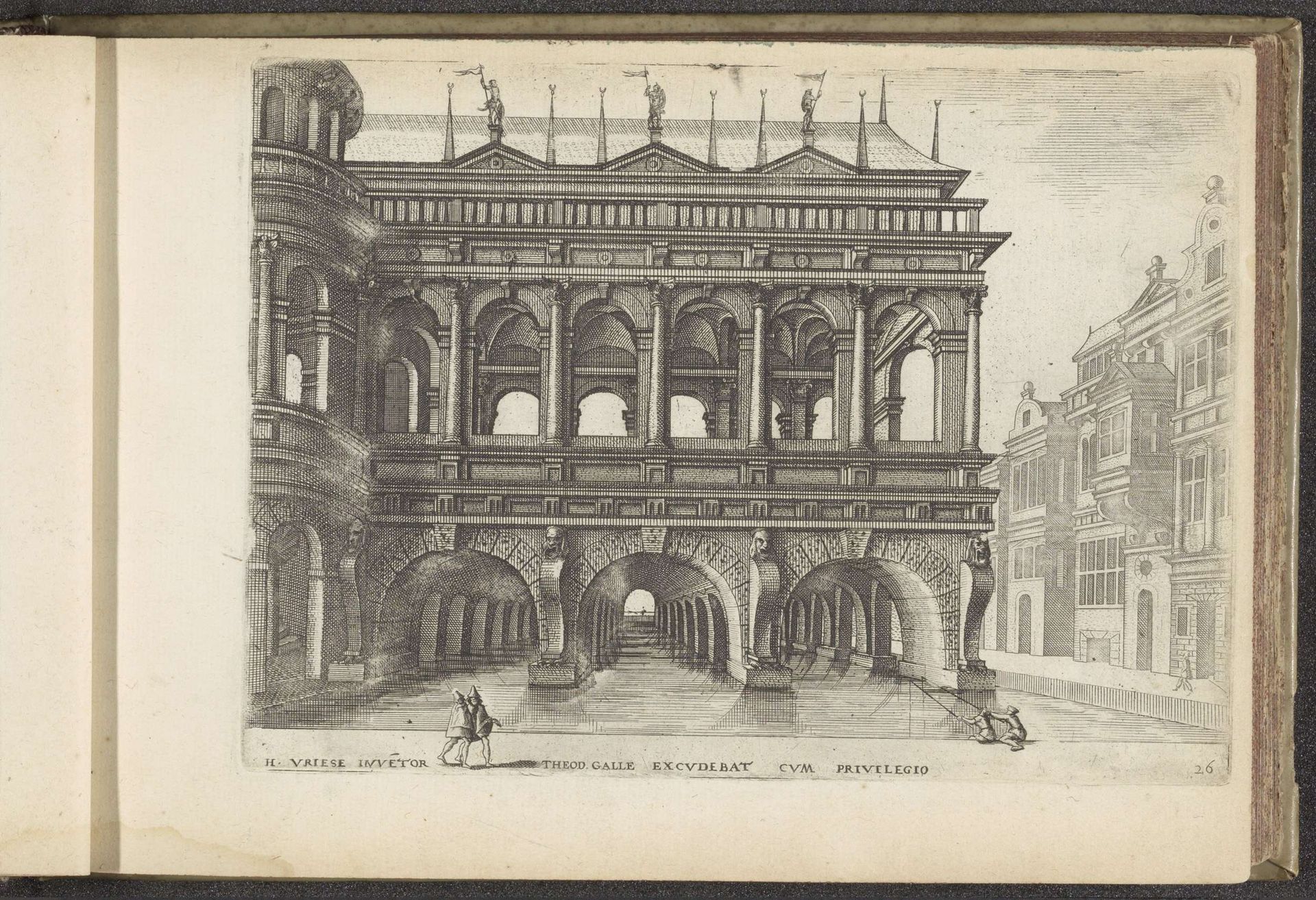 Zaal op overwelfde kelder staand in water by Johannes of Lucas van Doetechum