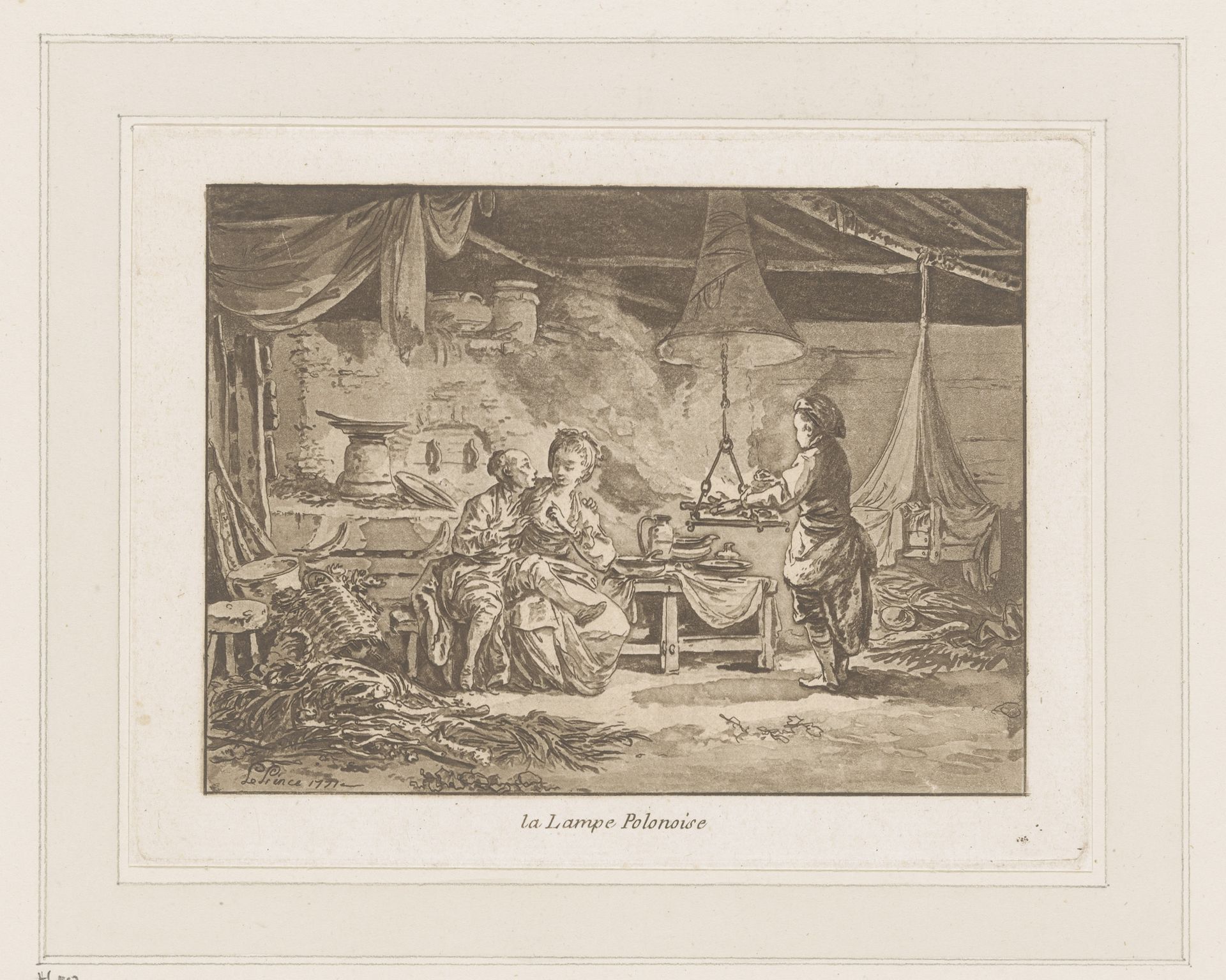Interieur van een schuur met twee figuren op een bank en een man bij een vuur by Jean Baptist Leprince