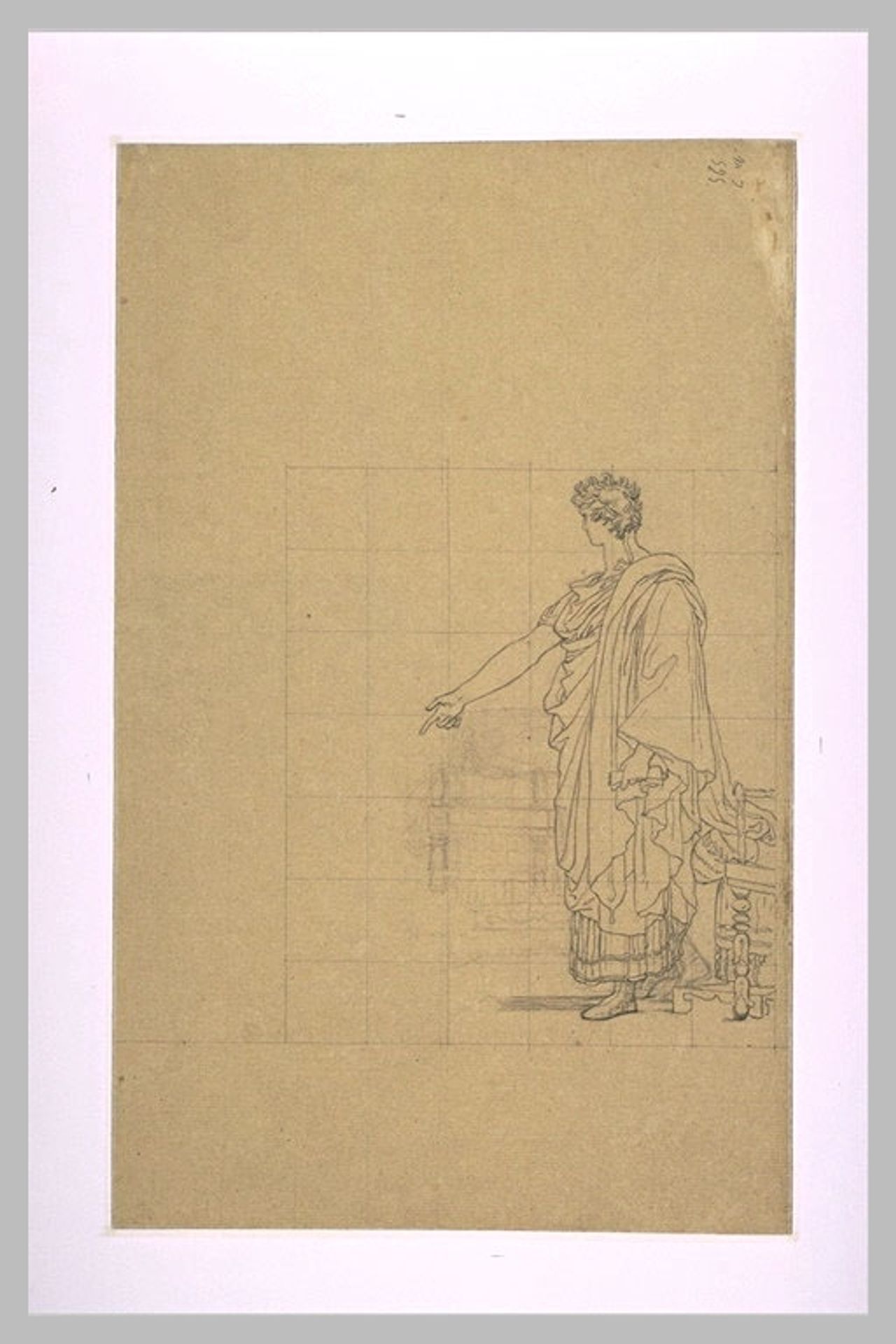 Man draped in antique, standing next to a seat by Pierre-Narcisse Guerin