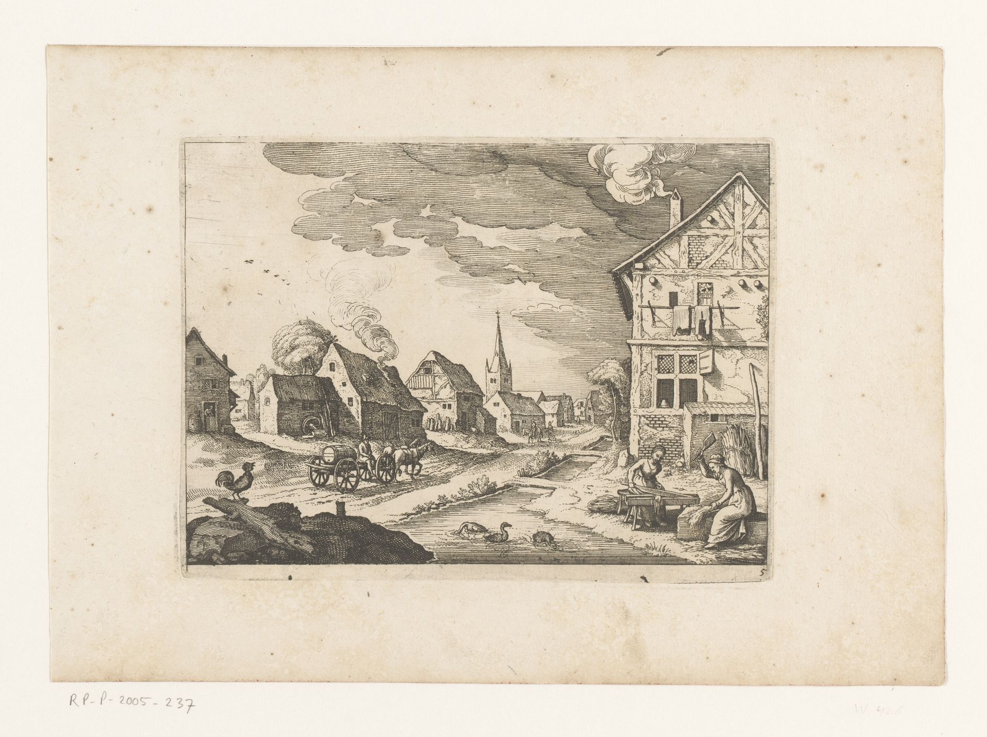 Dorpsgezicht met twee vrouwen en een kraaiende haan by Matthäus (I) Merian