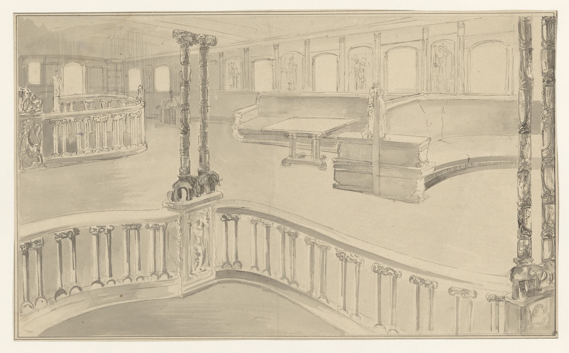 Ontwerp voor het interieur van een deksalon met open balustrade by Carel Adolph Lion Cachet