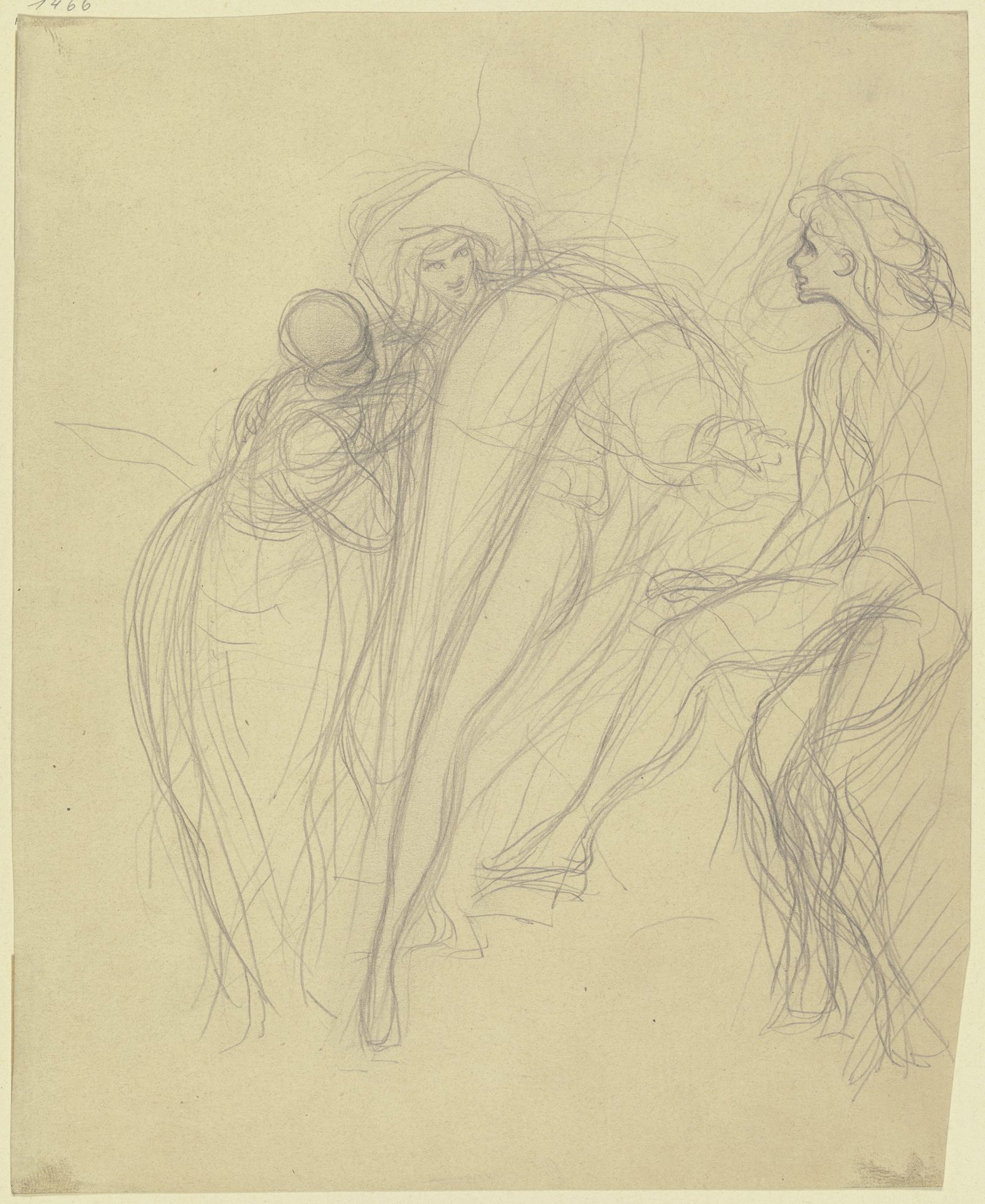 Ein Mann mit großem Hut, dem sich eine Frau anschmiegt, rechts eine sitzende Figur by Victor Müller