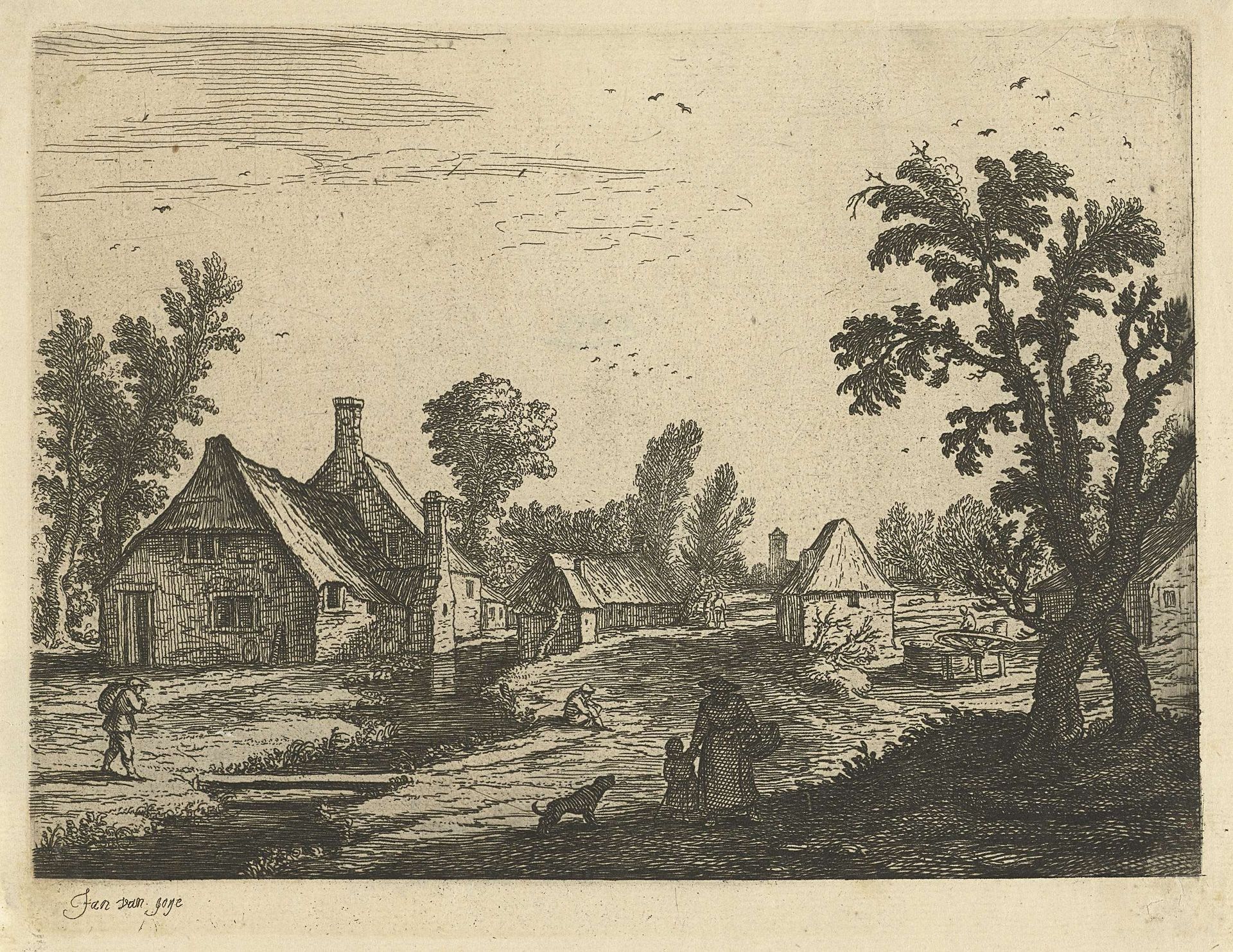 Dorpsgezicht met vrouw en kind in de dorpsstraat by Jan van de Cappelle