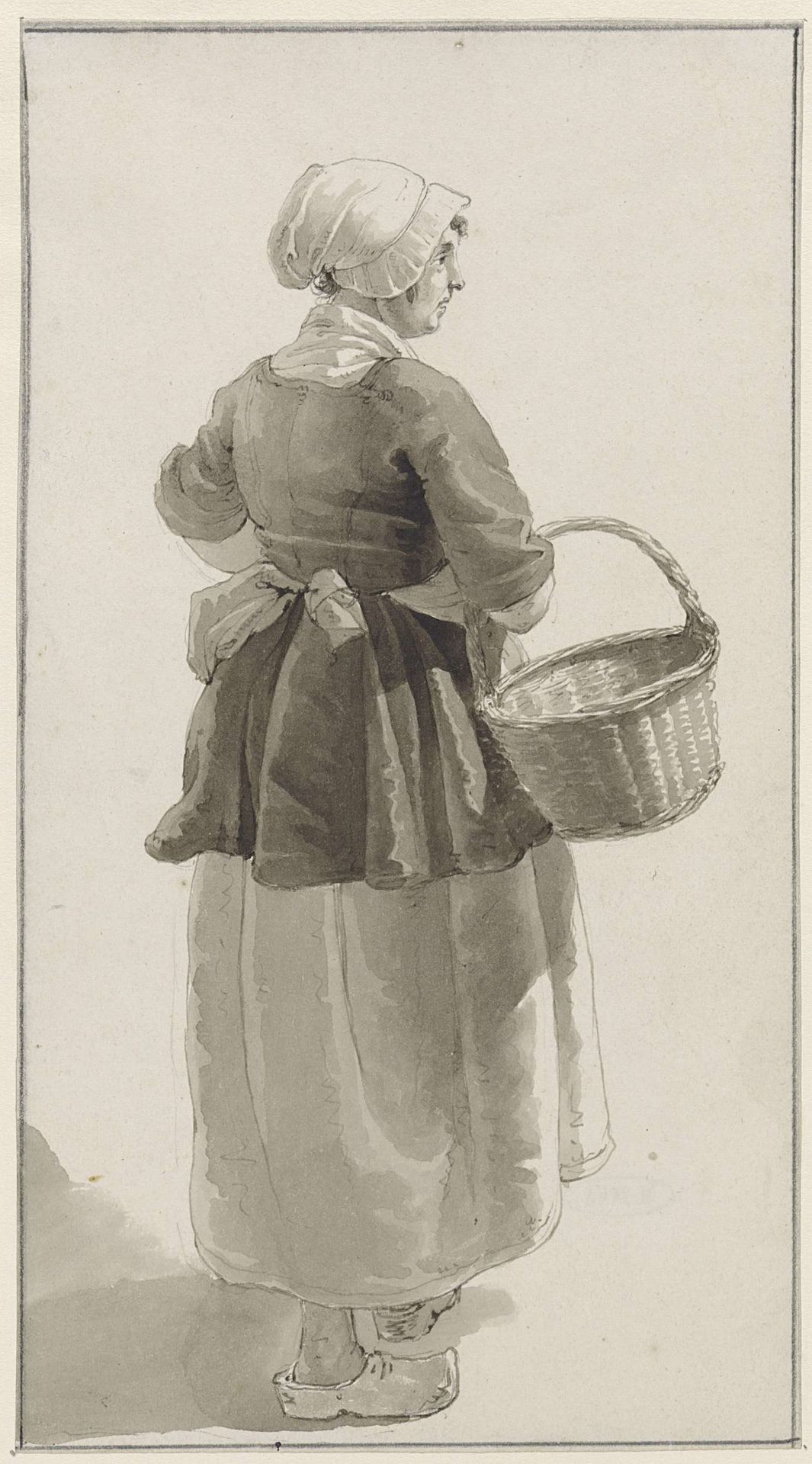 Vrouw op klompen met mand, driekwart van achteren gezien by Johannes Christiaan Schotel