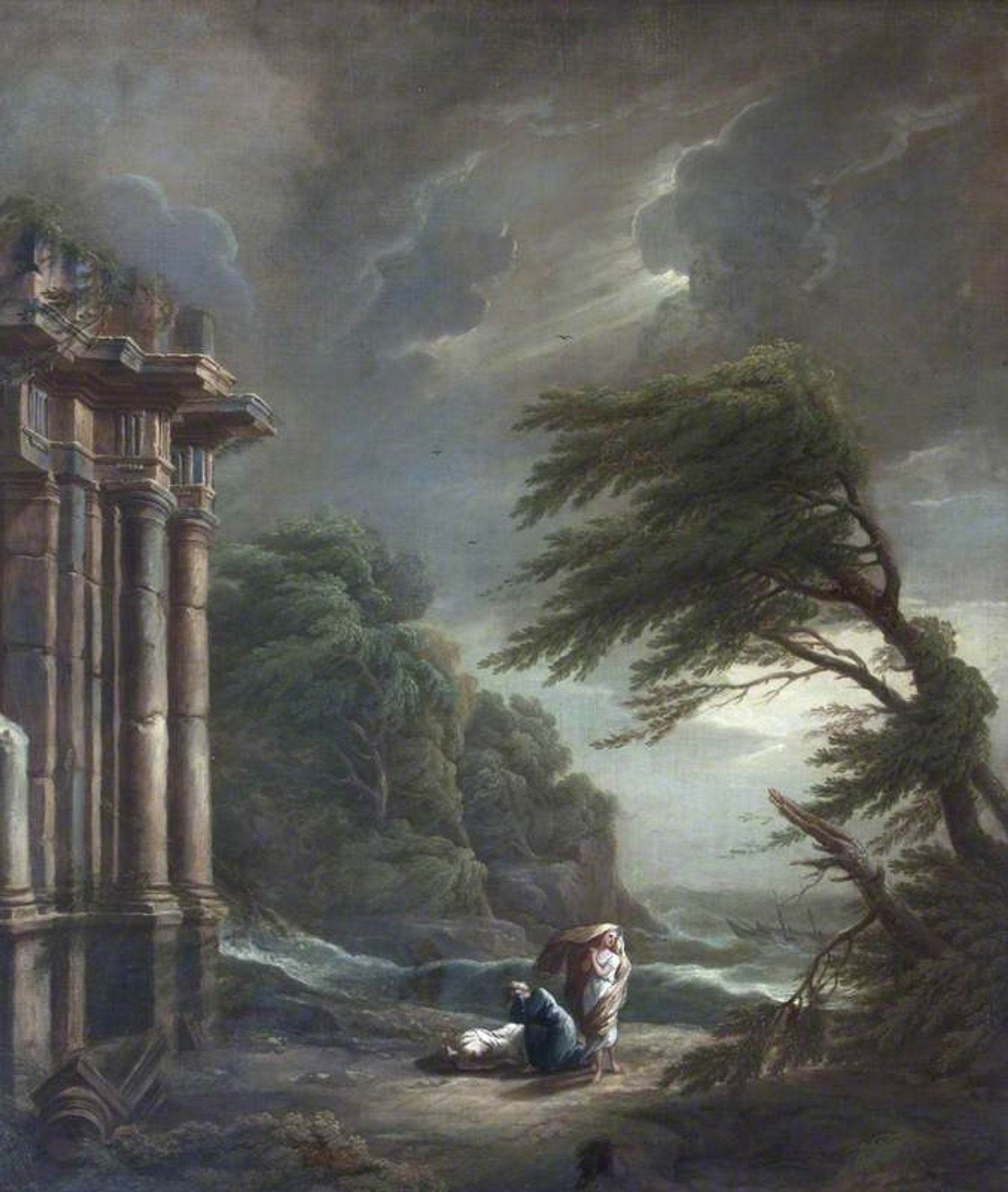 Stormy Seashore with Ruined Temple, Shipwreck, and Figures by George Lambert
