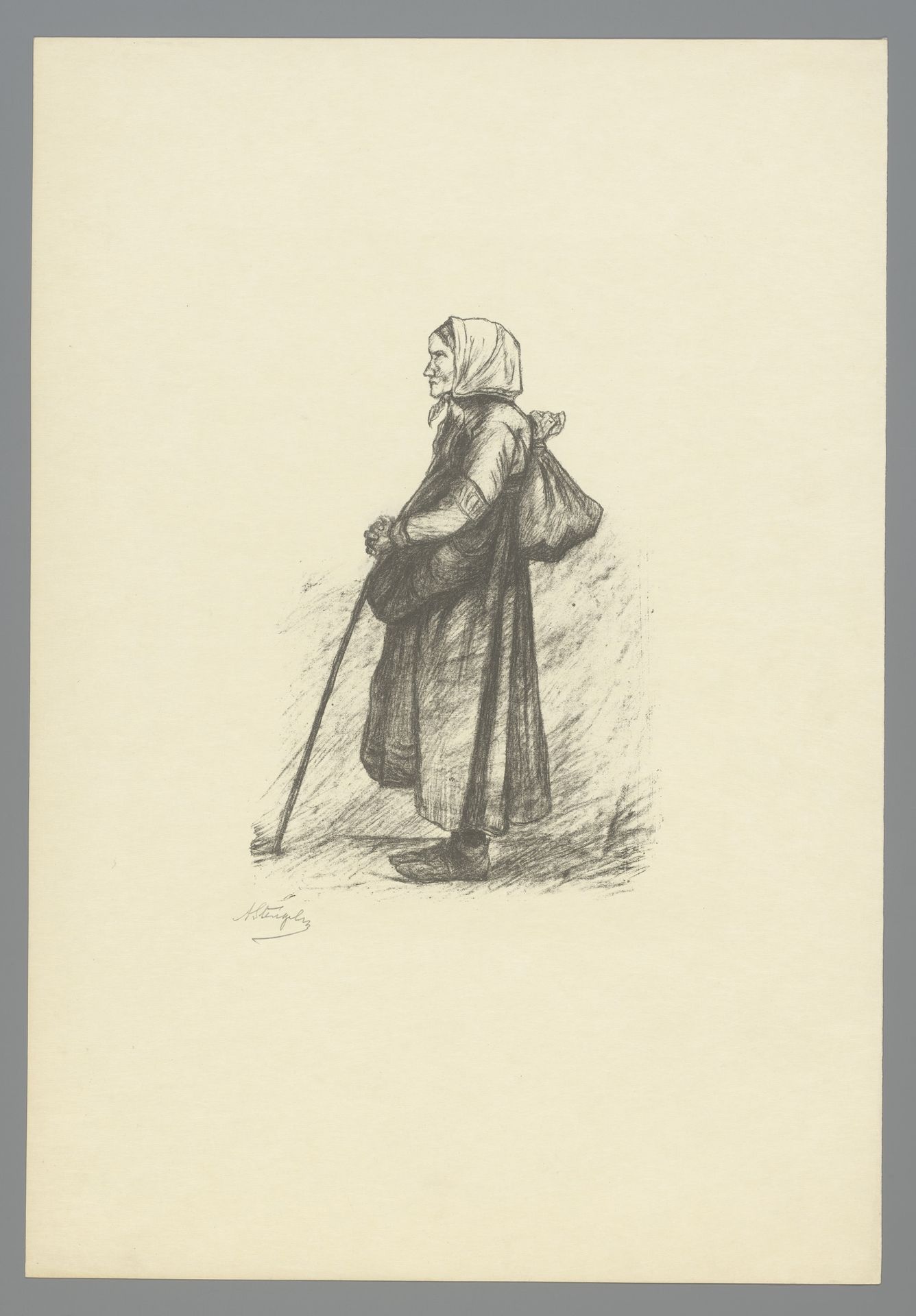 Vrouw met hoofddoek, stok en een zak op de rug by Alphonse Stengelin